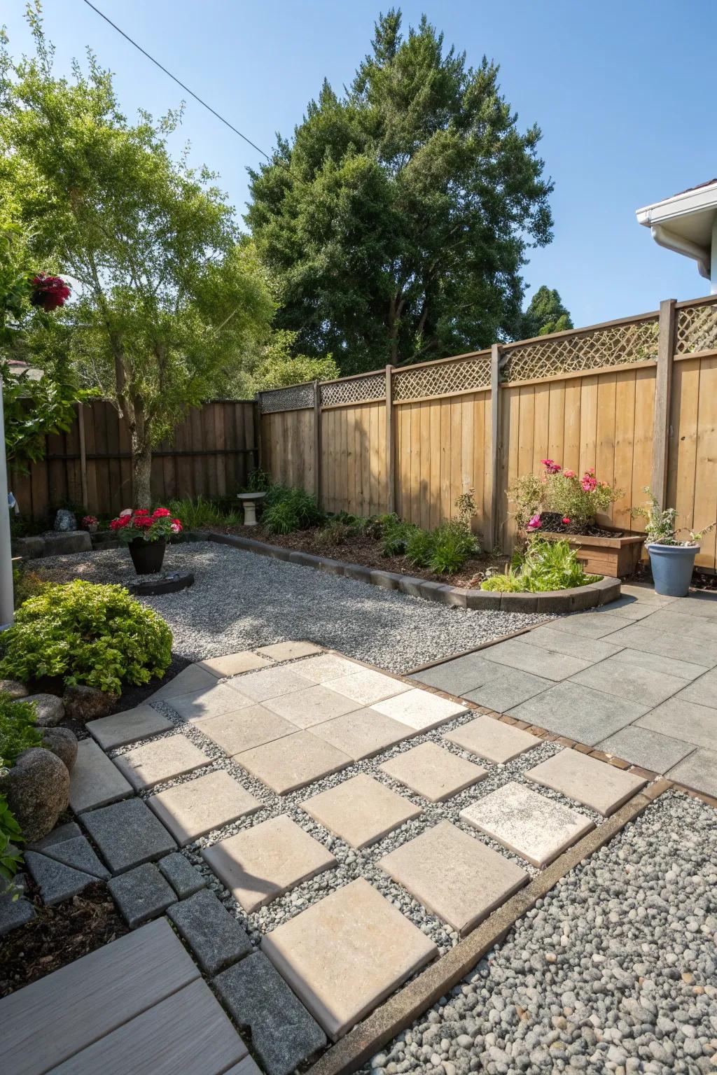 A chic pebble patio using mixed things for more style.