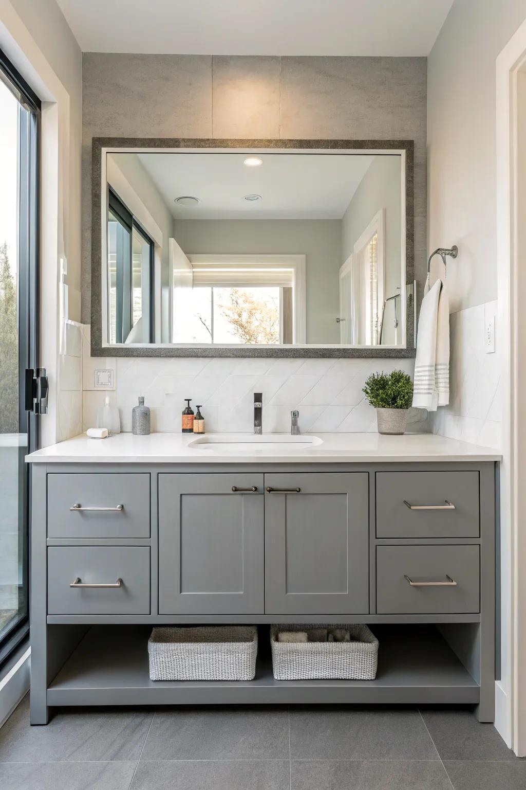 The perception of space in this bathroom is amplified by the use of a sizable mirror.