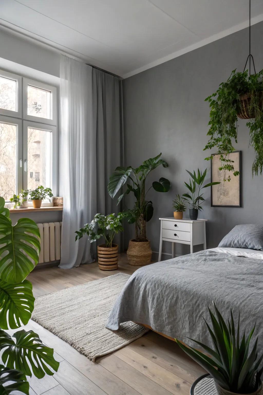 A peaceful gray bedroom featuring lush green plants.