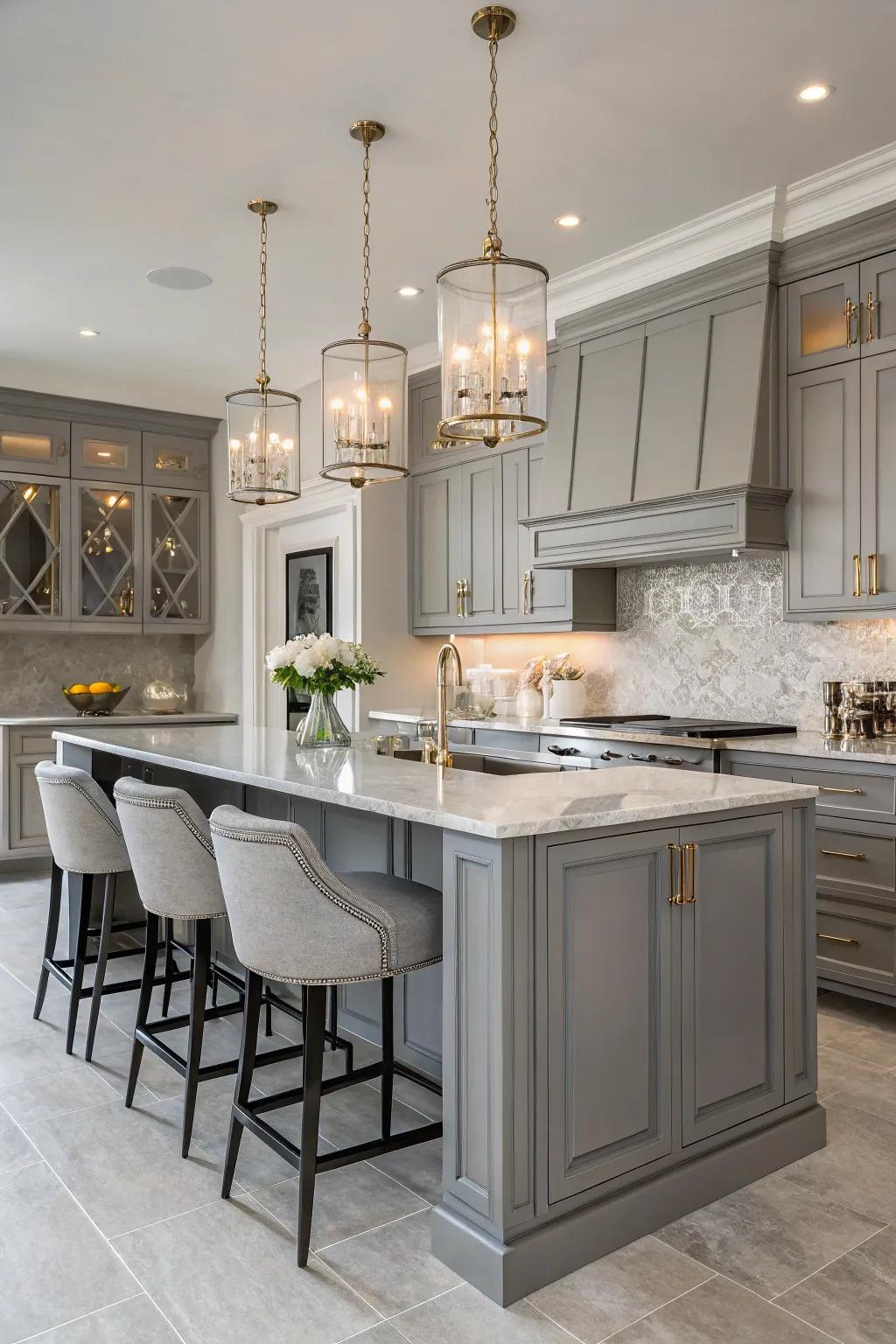 Stylish suspended lighting elevates the sophistication of gray units.