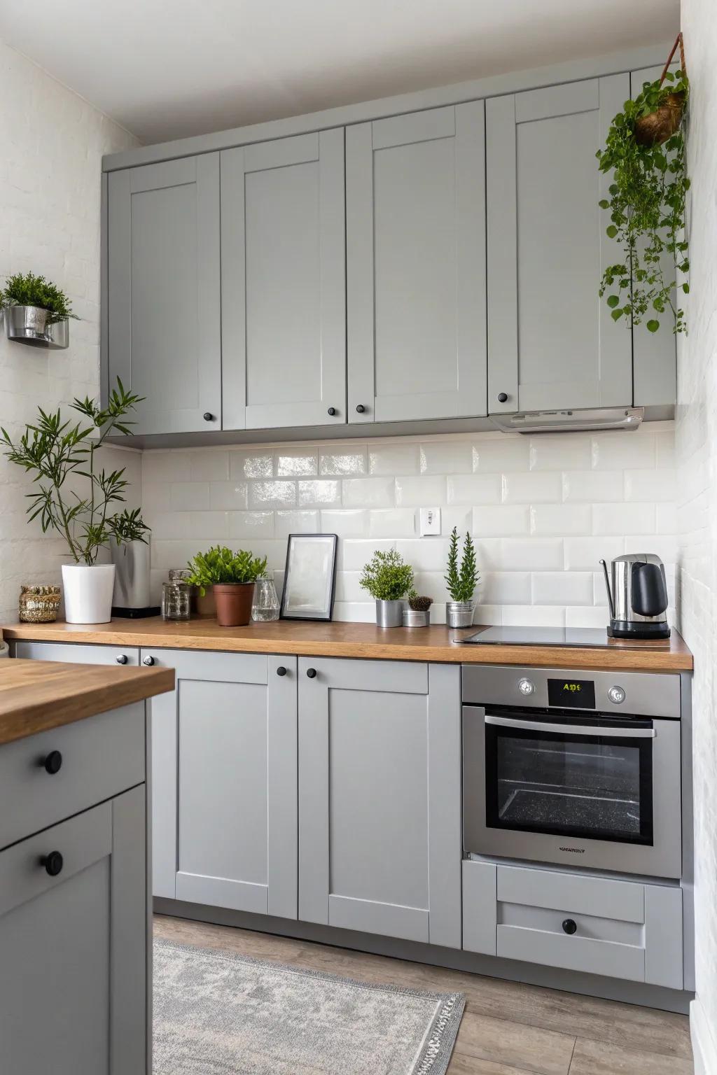 Understated decor accentuates the serene ambiance of a gray kitchen.