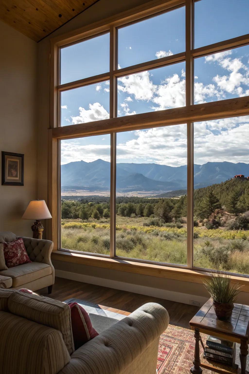A stunning view through an extra-large view window in a modern family room.