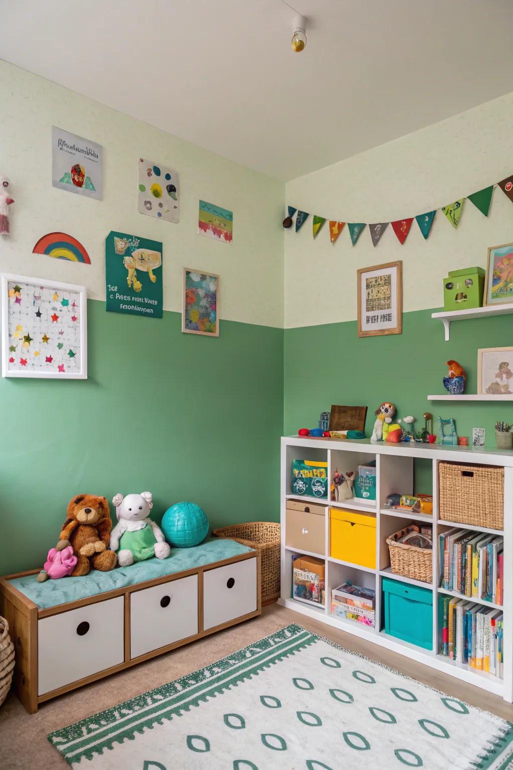 A two-tone green wall adds playfulness to this child's room.