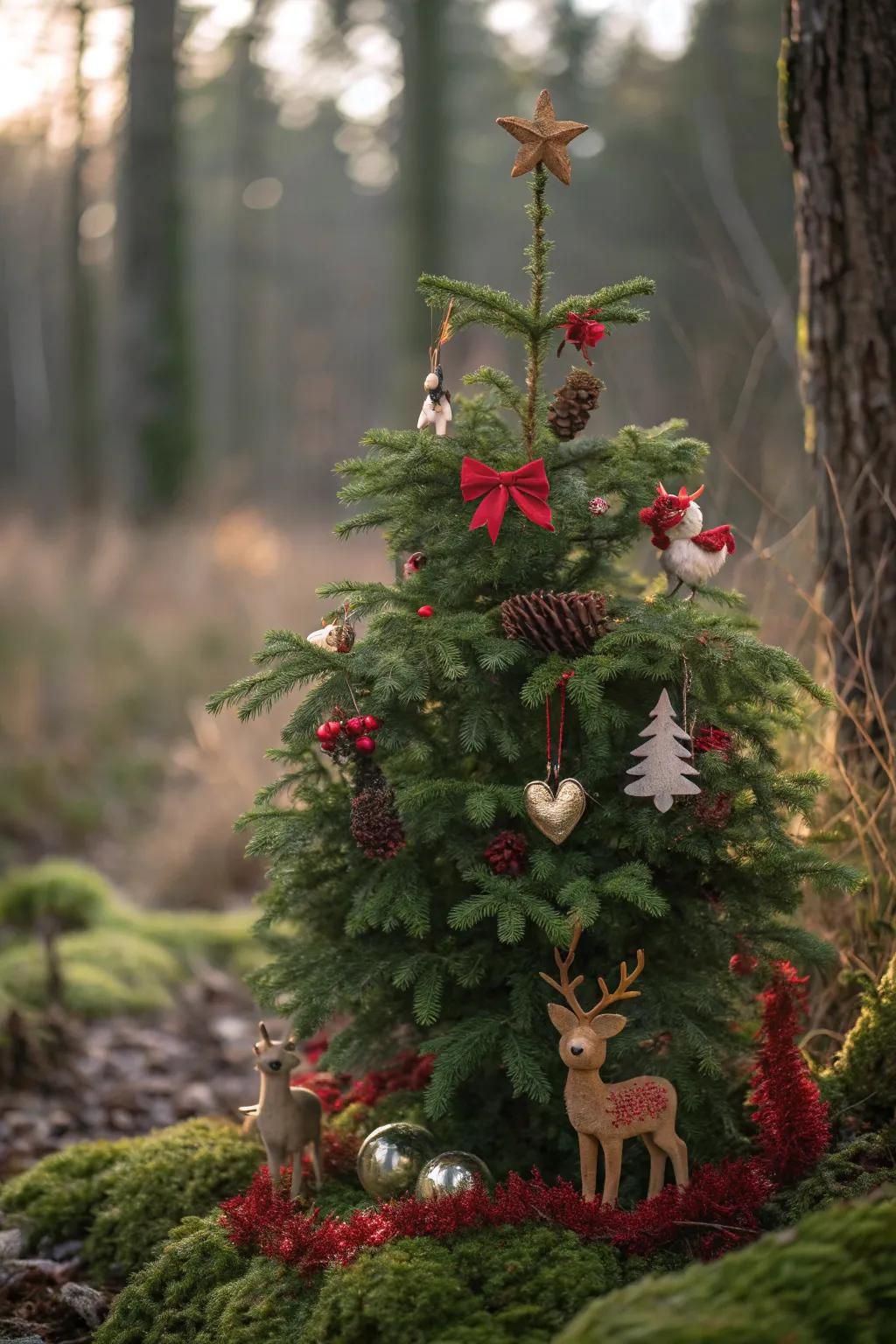 A whimsical forest-themed Christmas tree featuring red and green decorations.
