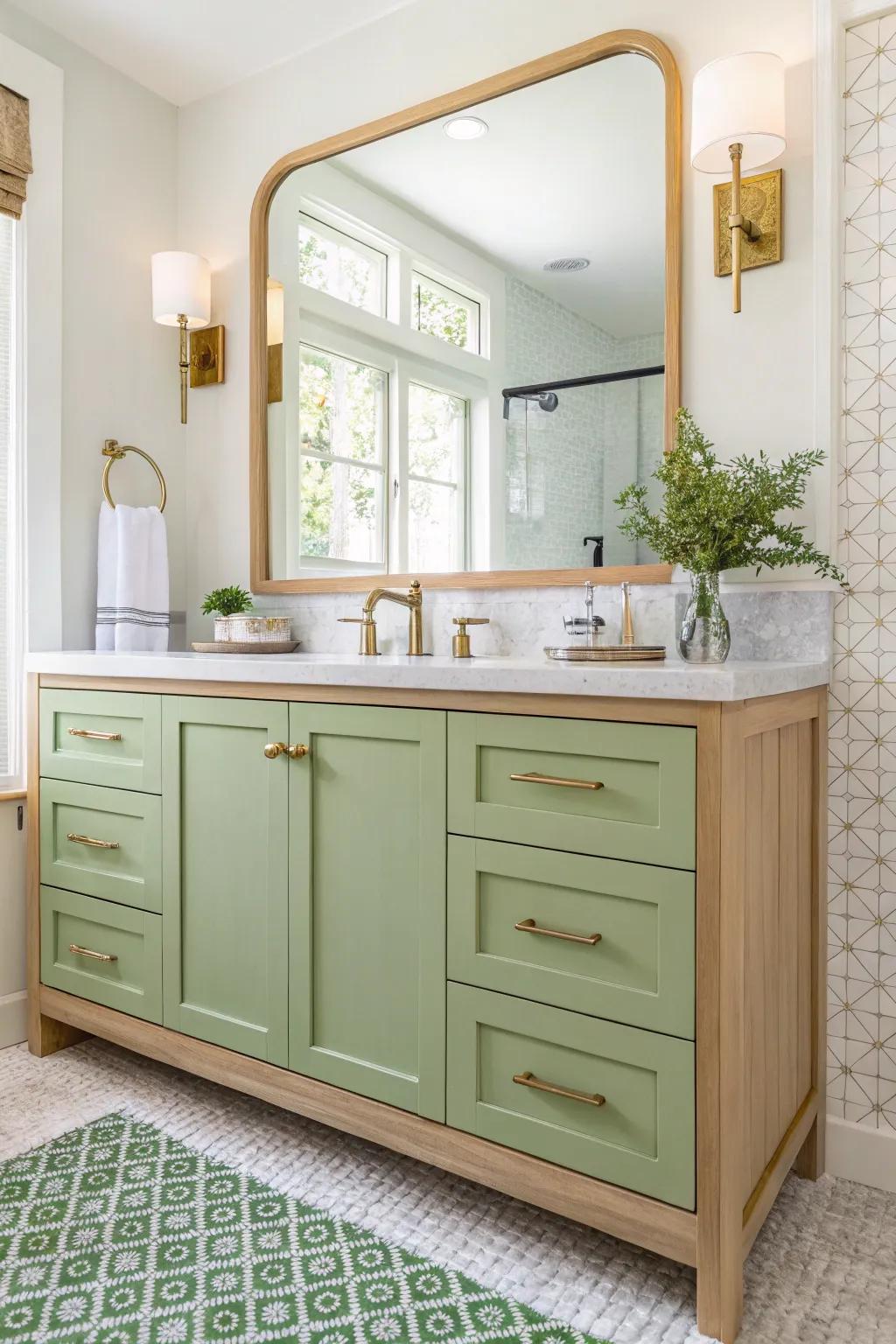 Pistachio green vanity offering a soft pop of color.