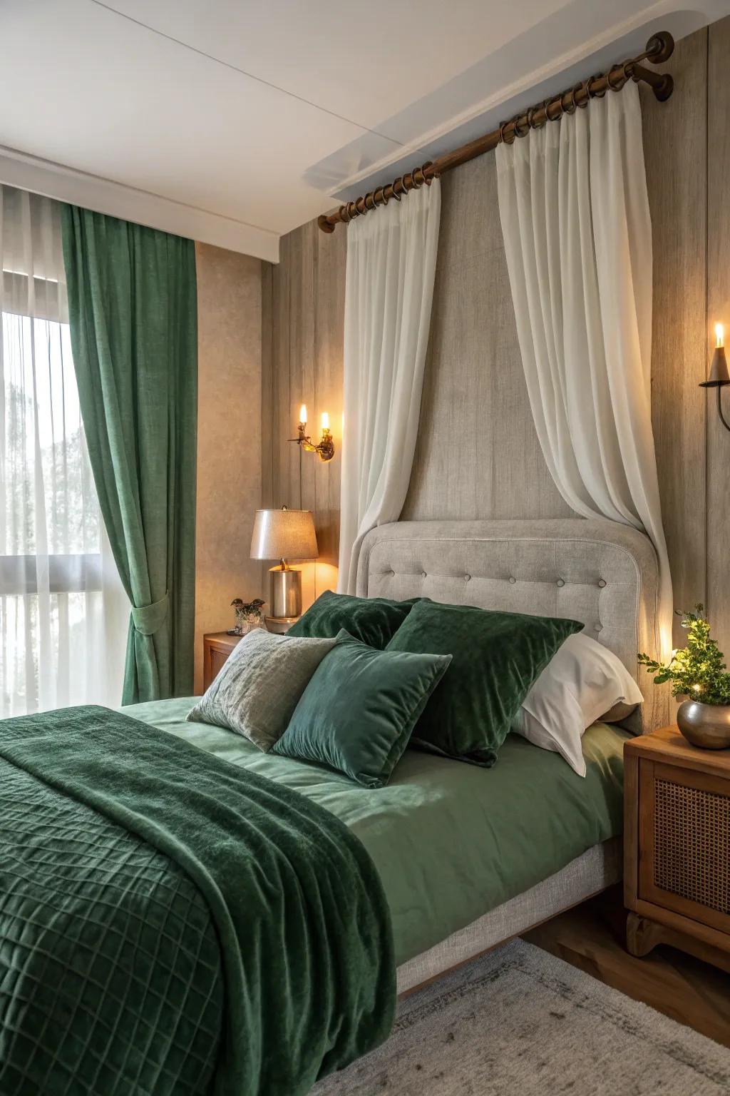 Layered fabrics in green enhance coziness and texture to the bedroom.
