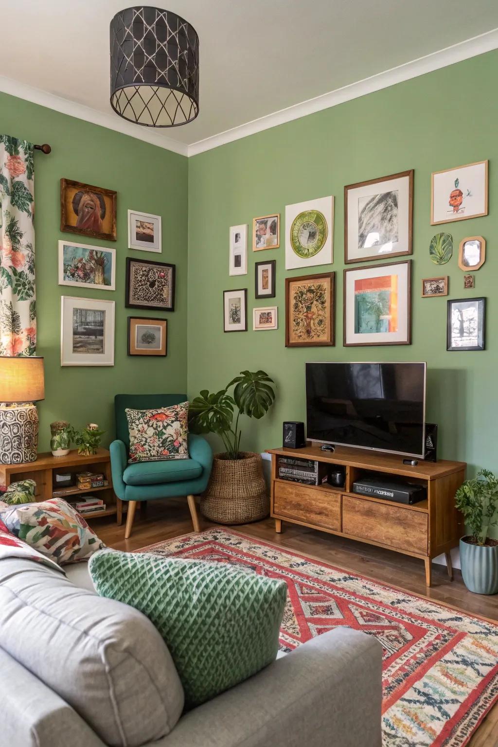 Varied decorative art adds character and focus to green walls.
