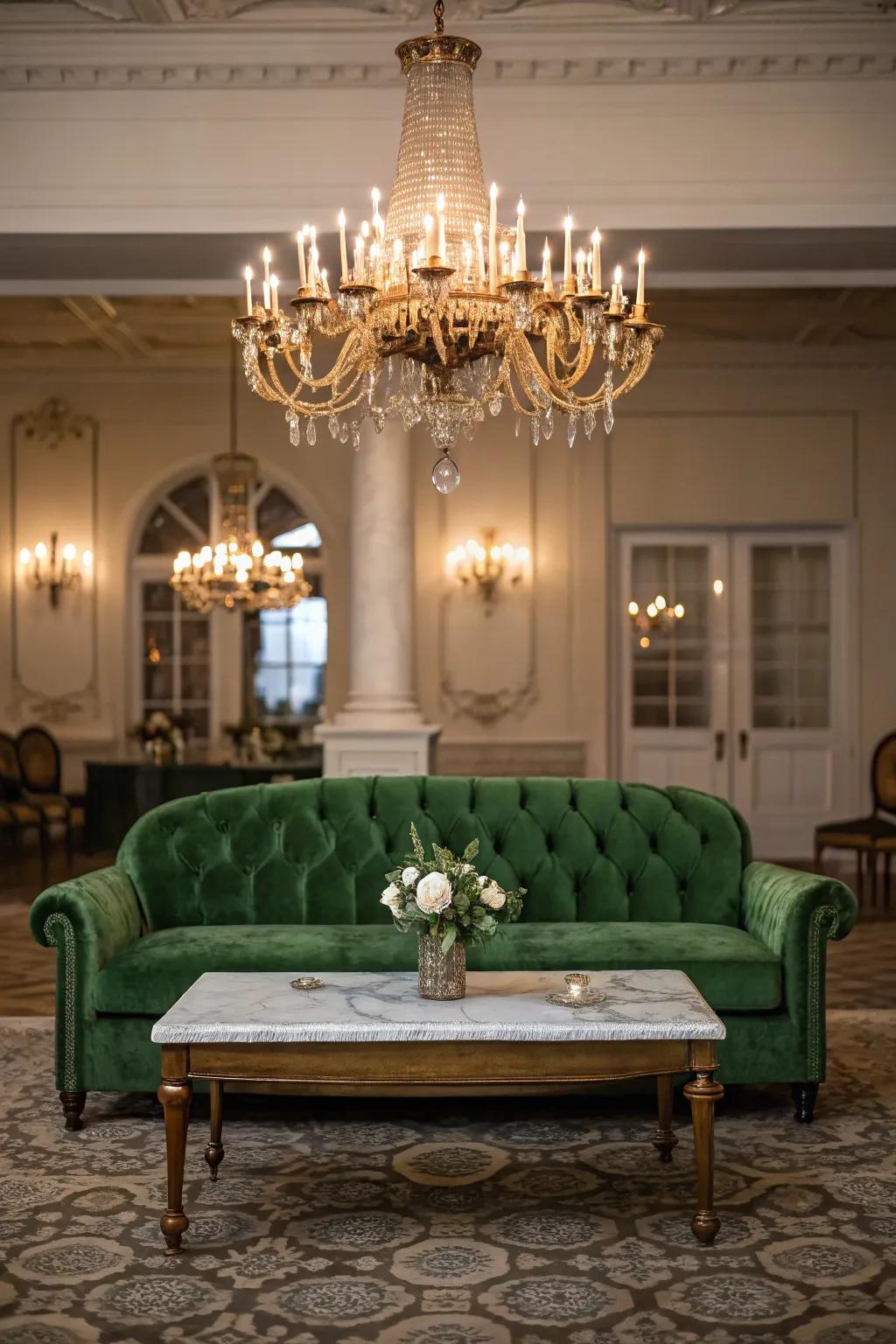 A charming living space featuring a green velvet sofa and vintage décor.