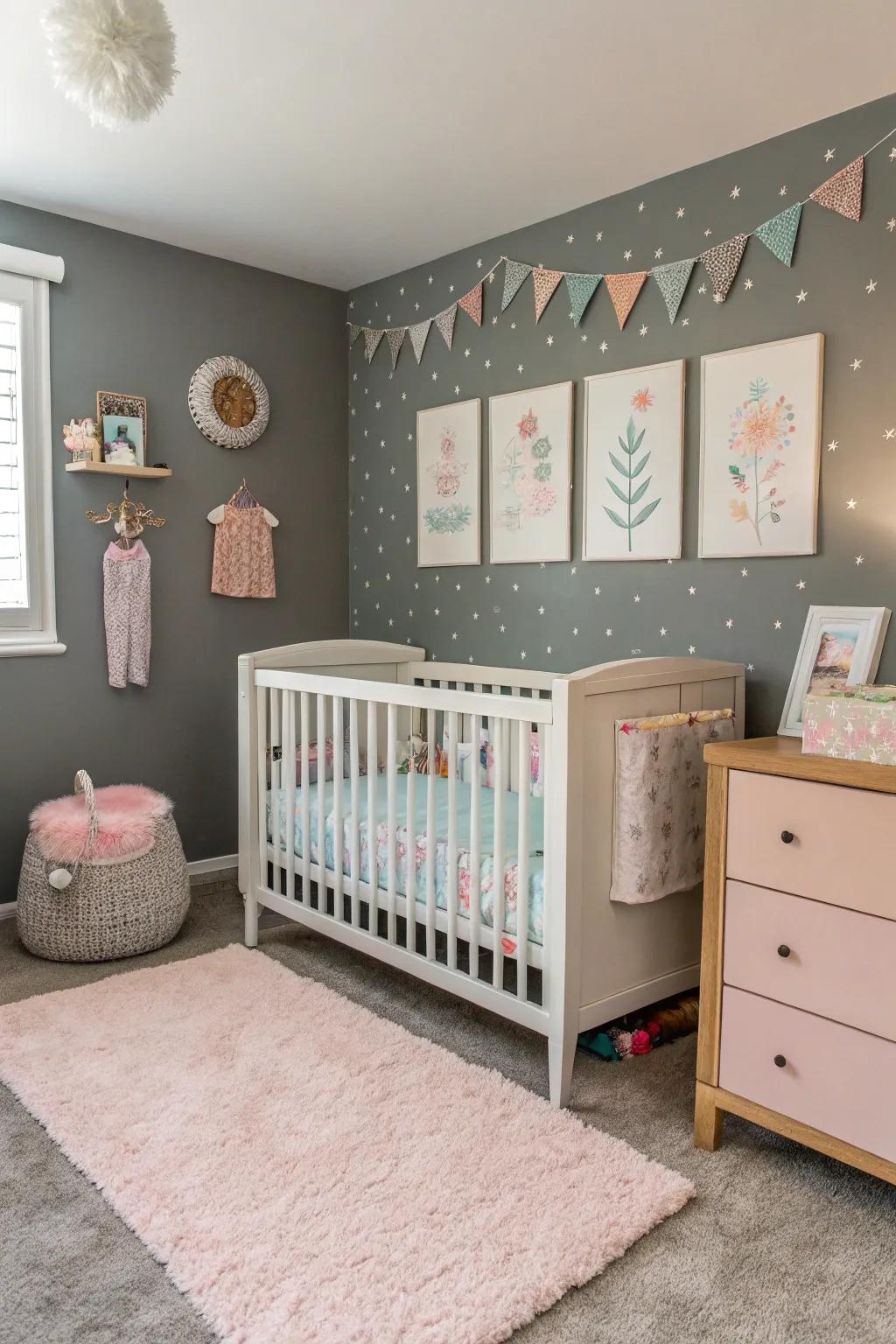A nursery showcased with a grey accent wall and soft nuances.