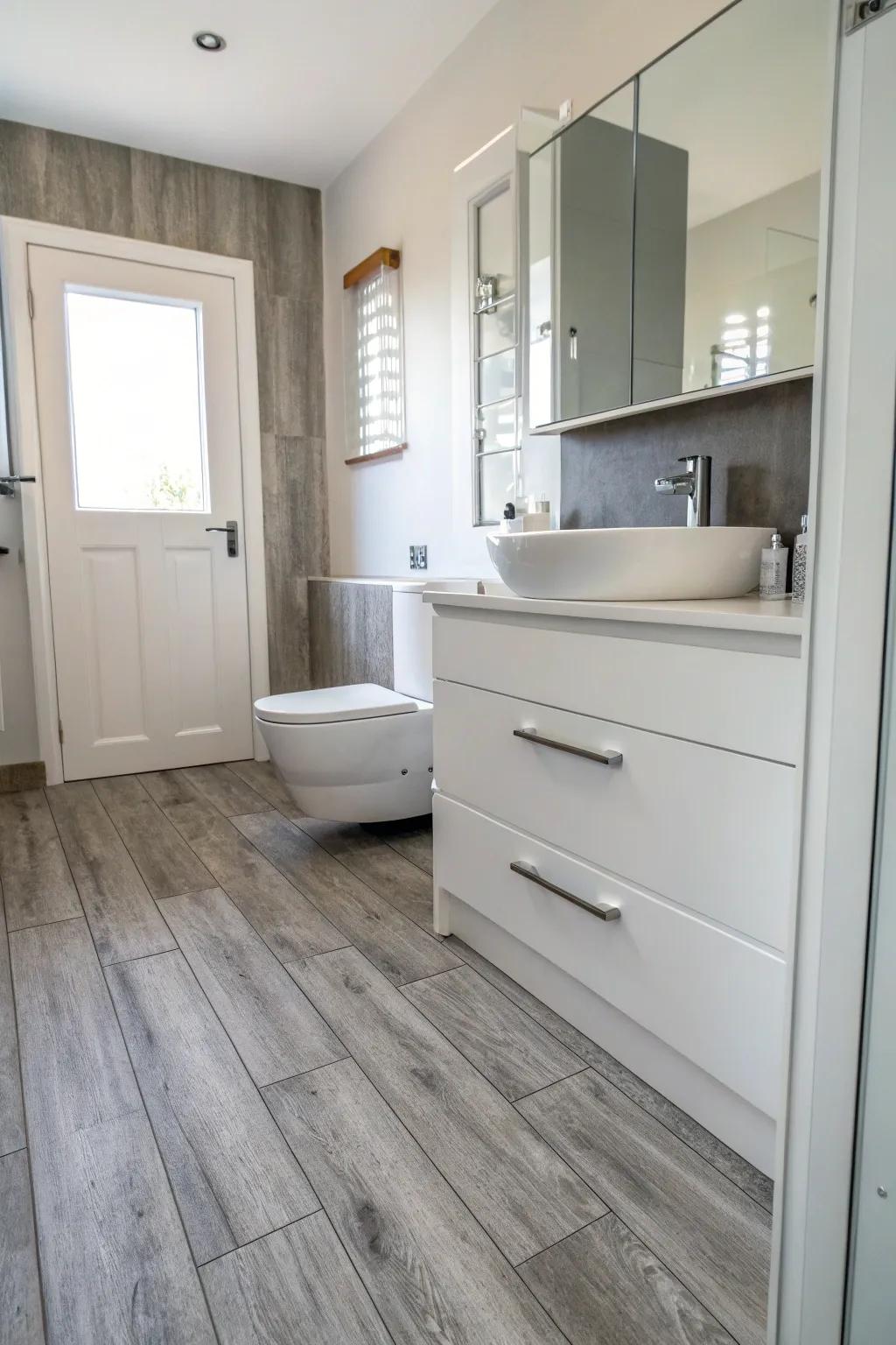 Stone pattern flooring enhances the warmth and natural textures within the bathroom.