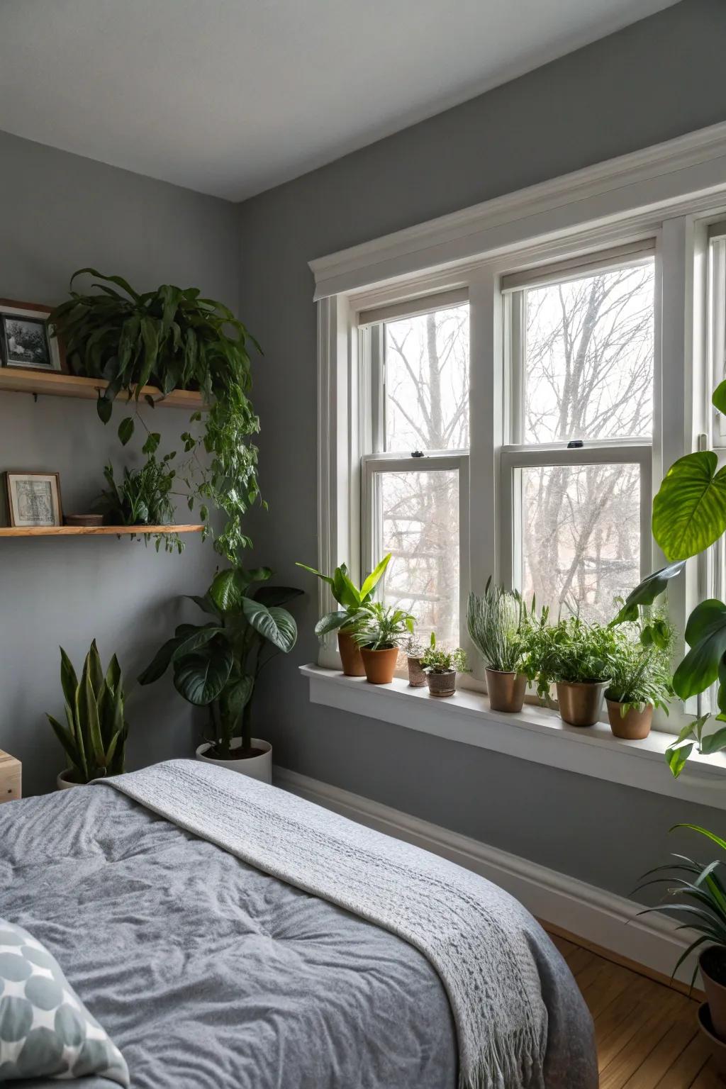 Indoor plants breathe life into a grey bedroom.