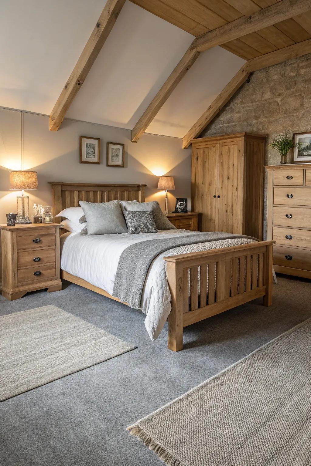 Natural materials blend beautifully with the grey carpet, establishing a calming atmosphere.