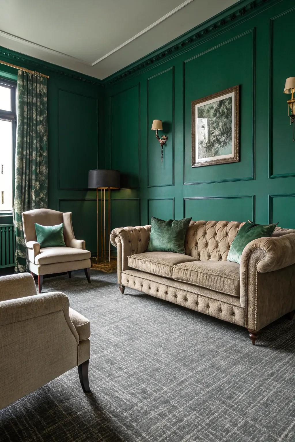 Emerald green walls exude luxury in spaces with grey carpets.