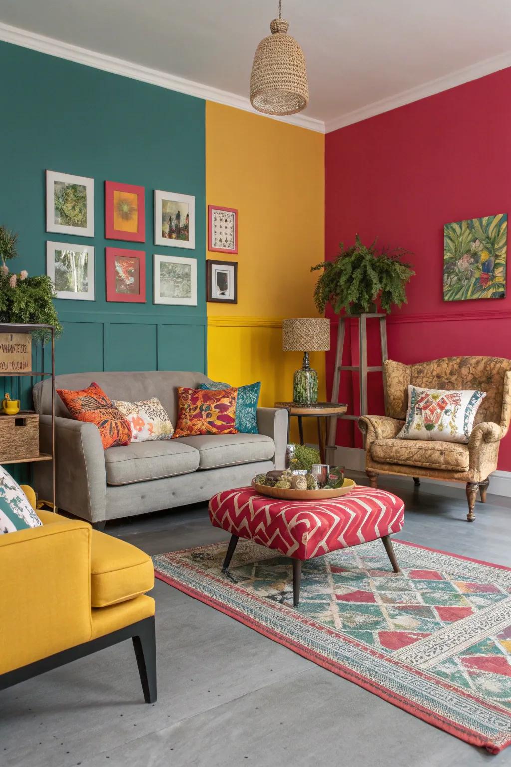 Grey flooring offers a great background for vibrant colors in this active living space.