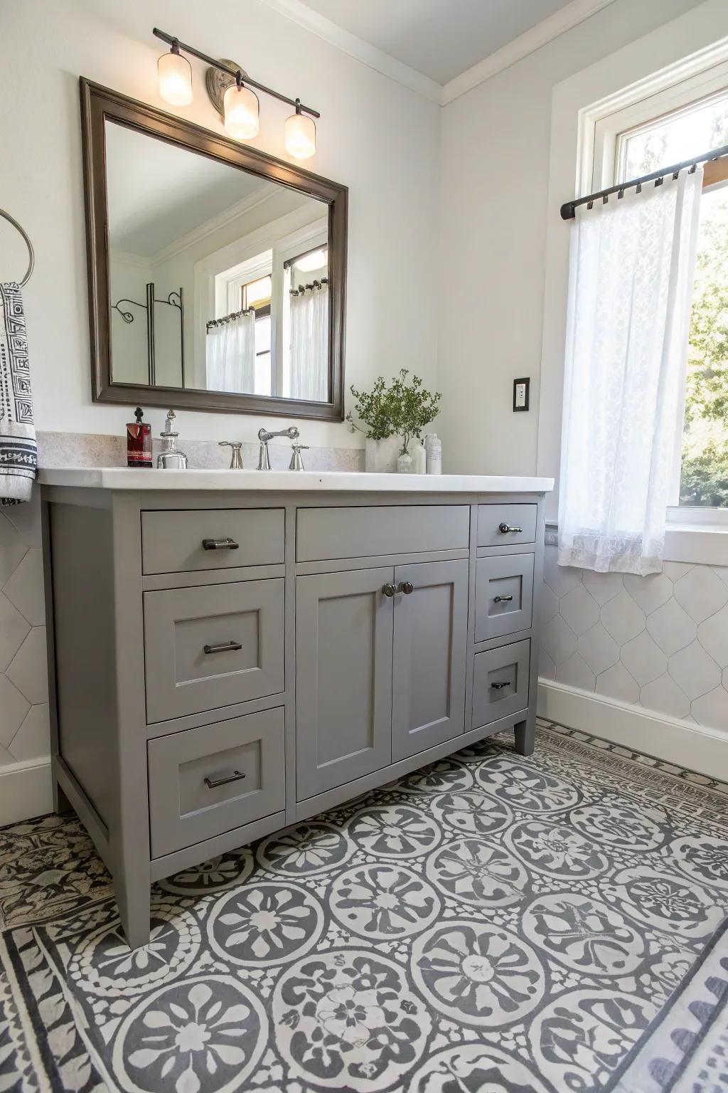 Patterned flooring adds personality and complements the grey vanity.