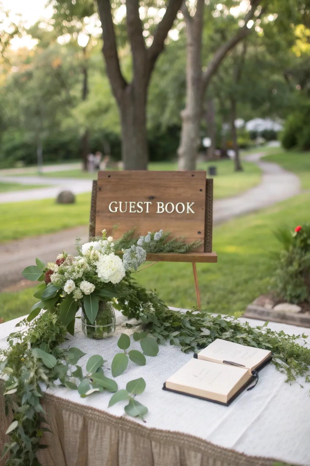 An outdoor guest book table merges beautifully with nature.