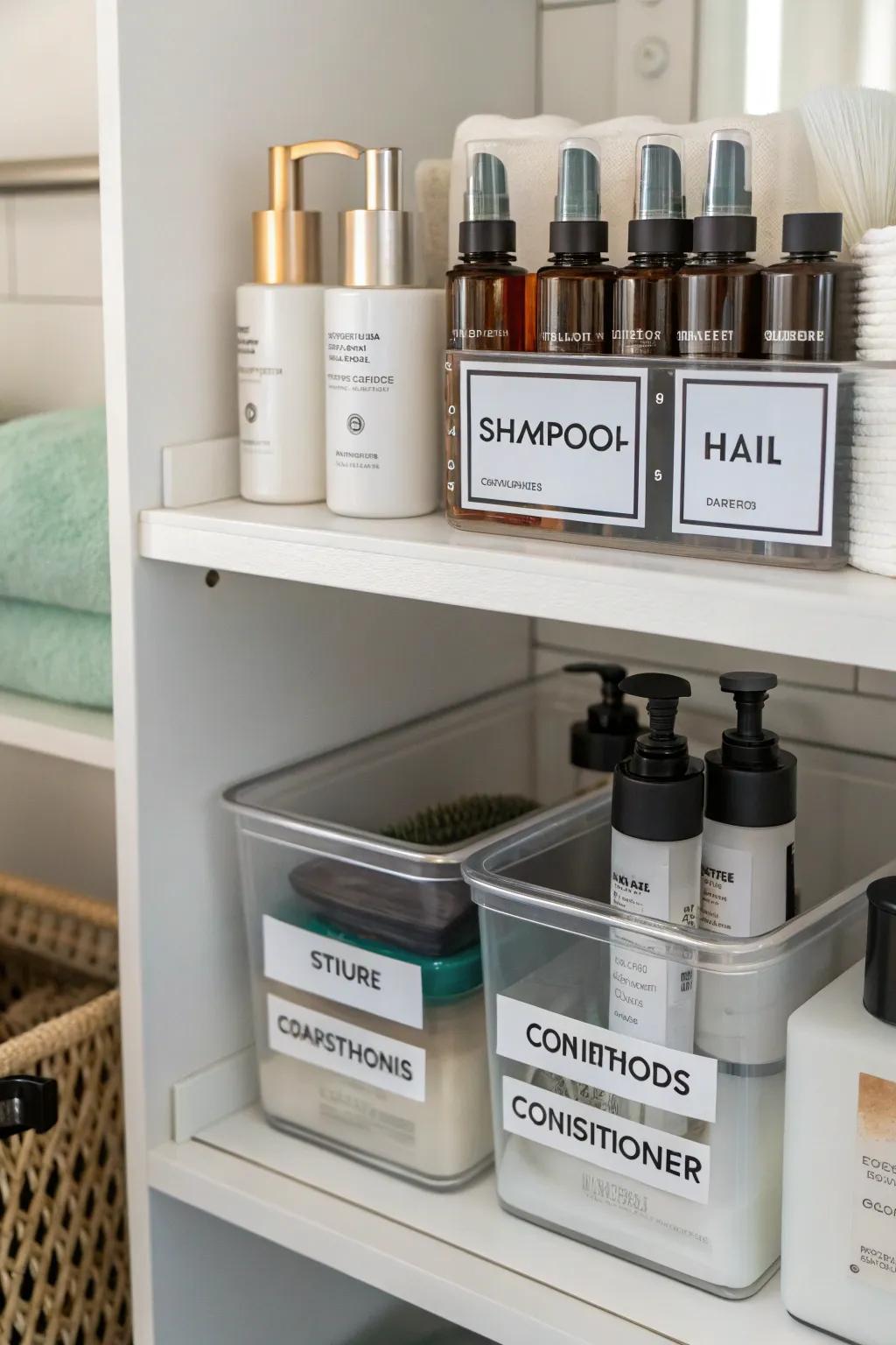 Simple organization with clearly labeled storage containers.