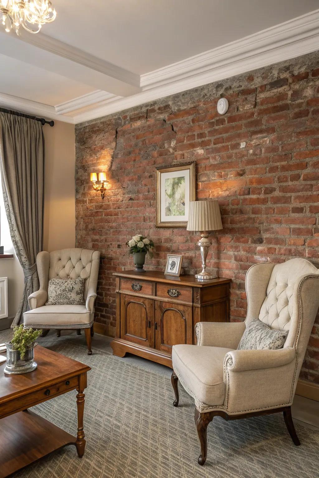 A timeless design room featuring conventional furnishings and a partially exposed brick wall.