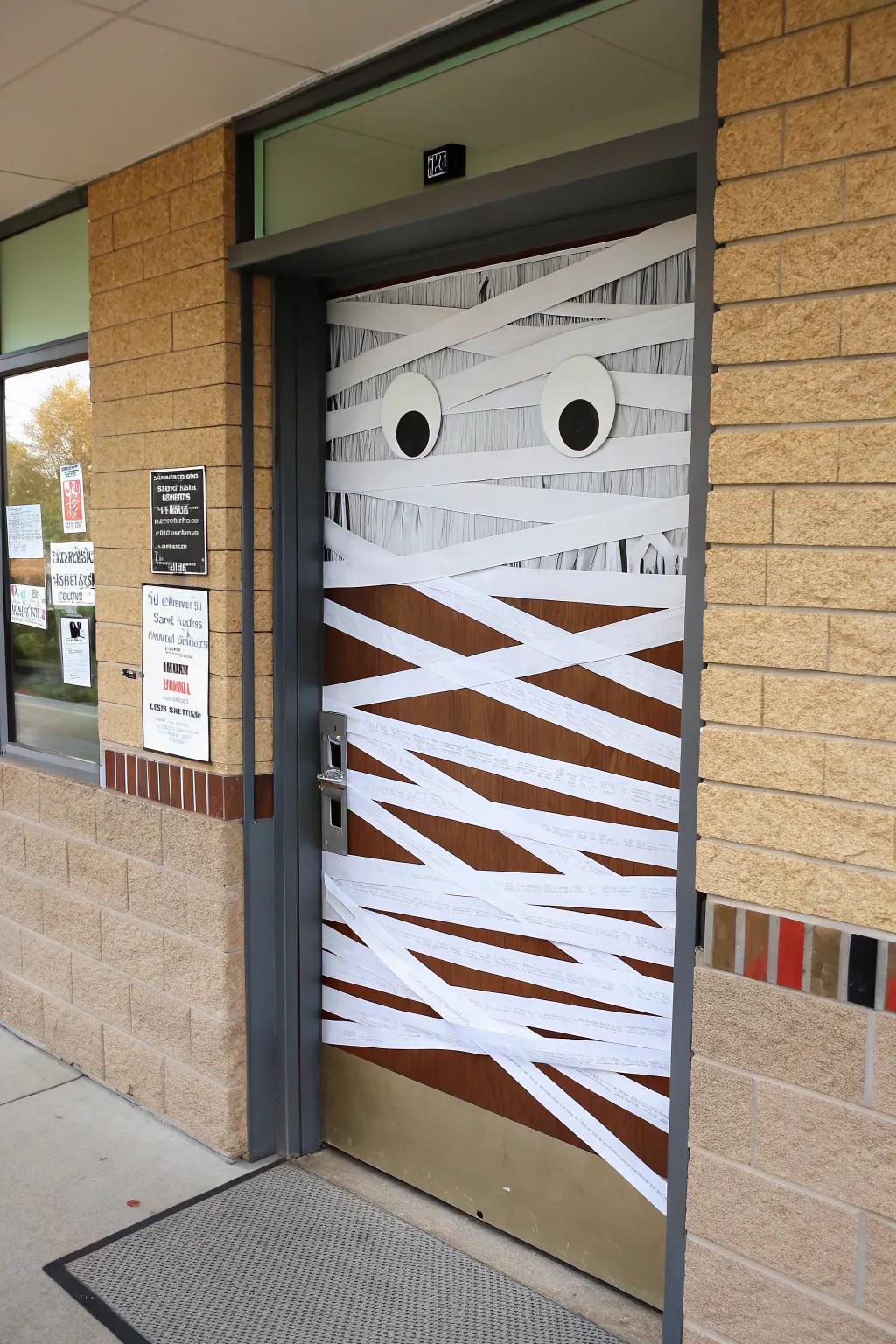 An entrance enfolded as a bandaged being, adorned with wobbly eyes for a playful rendition.