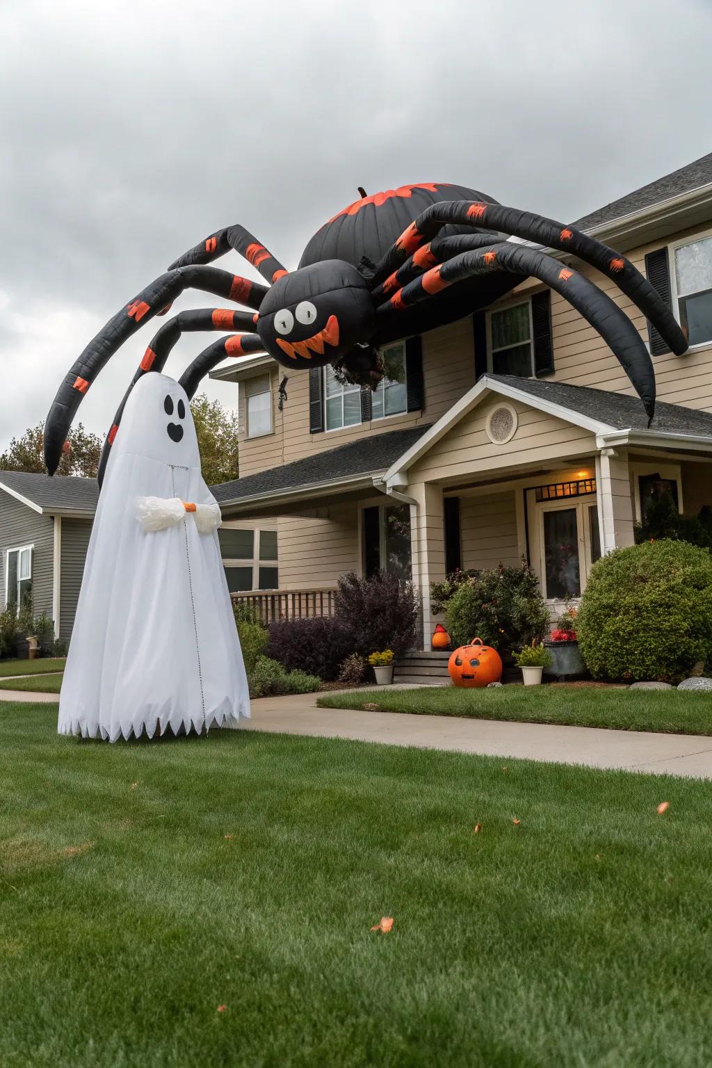 Air-filled creatures adding a larger-than-life element to Halloween decor.