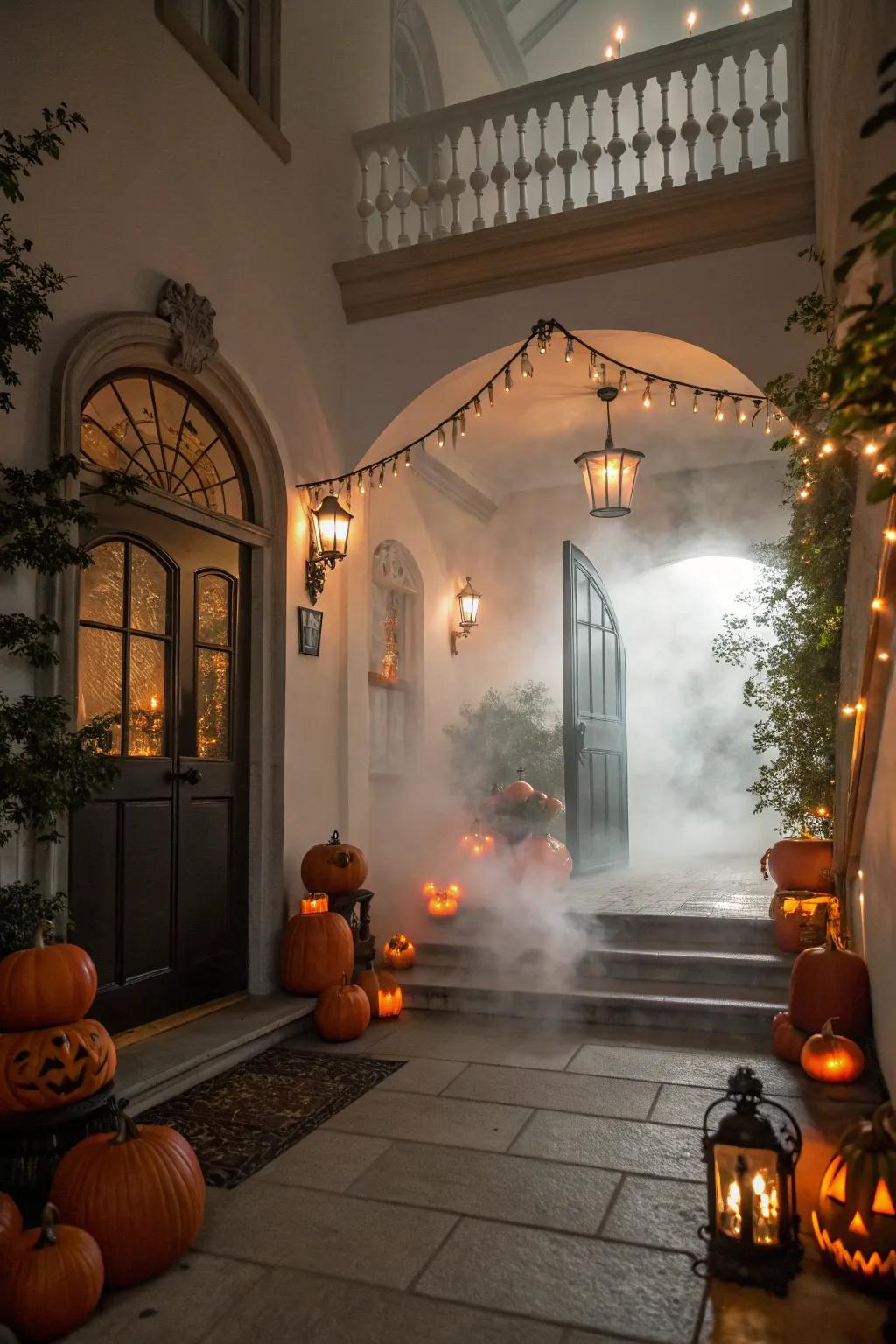 A foggy entryway establishes a mysterious mood as visitors arrive.