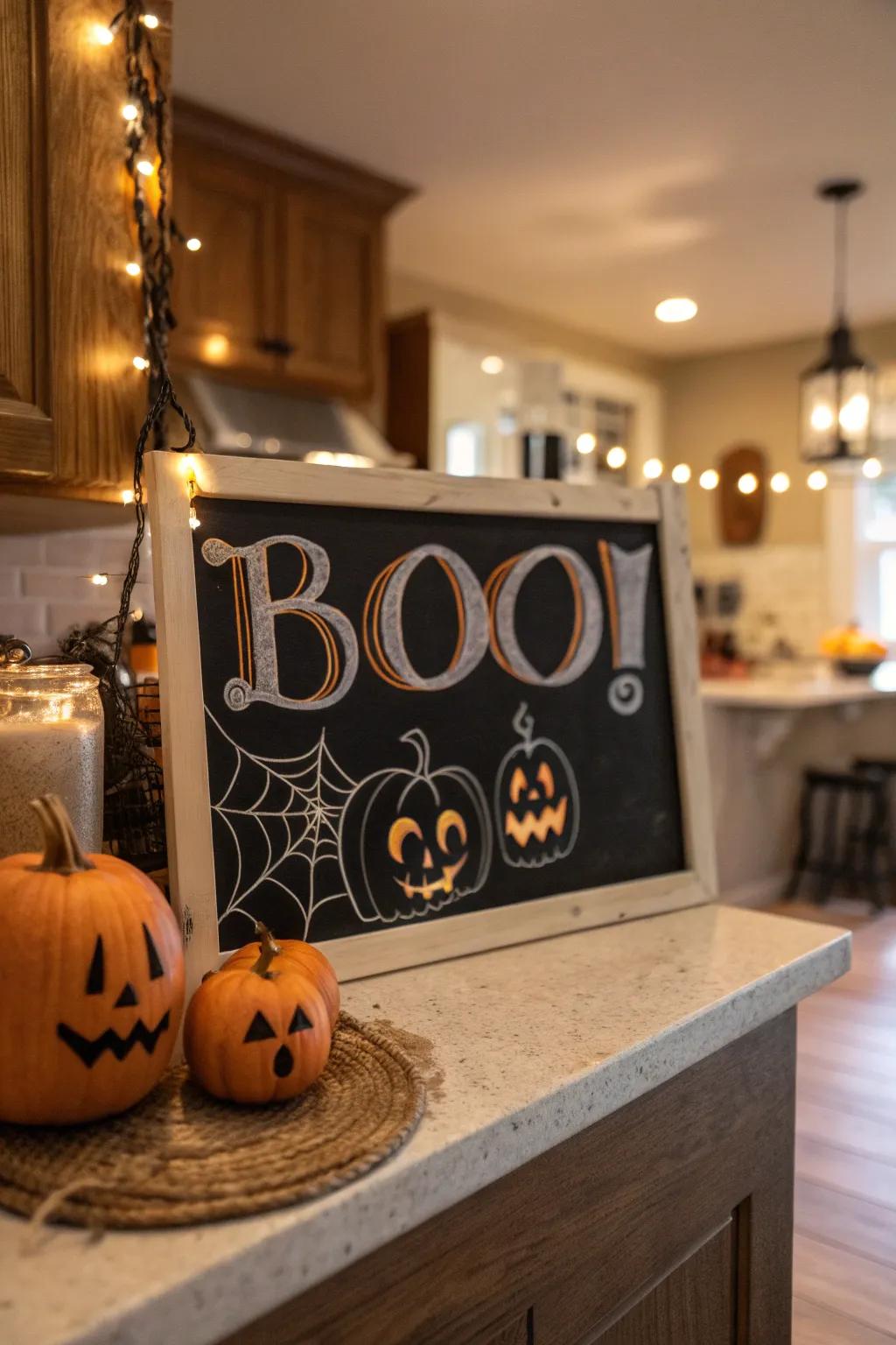 A playful sign introducing humor to Halloween decoration.