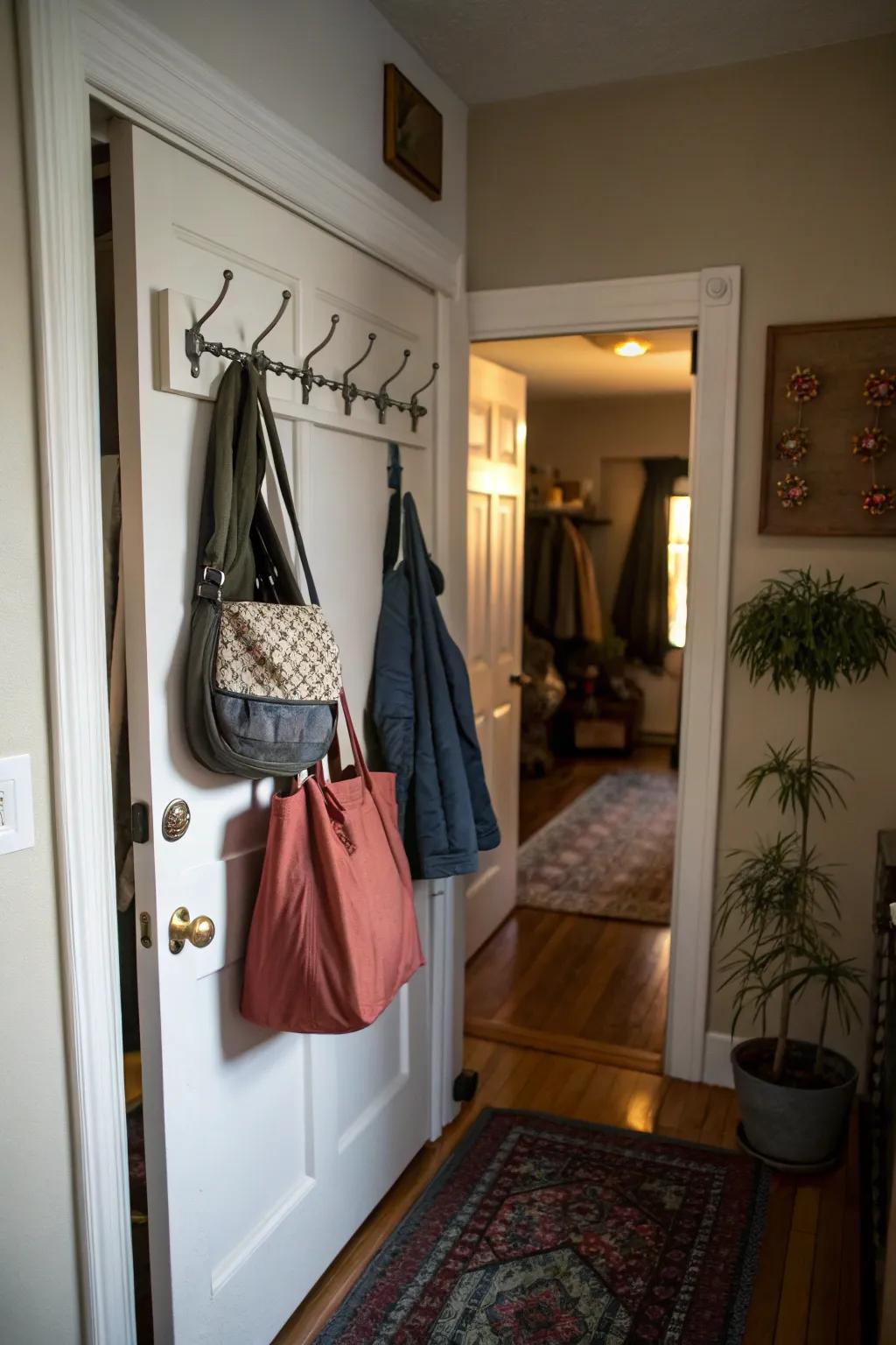 Hooks on a hallway closet door for effective use of vertical space.