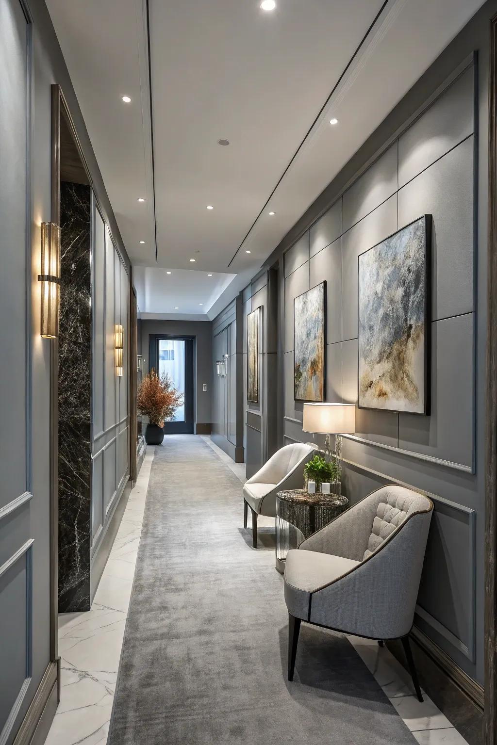 Cool-toned gray offers a trendy and versatile foundation for hallways.