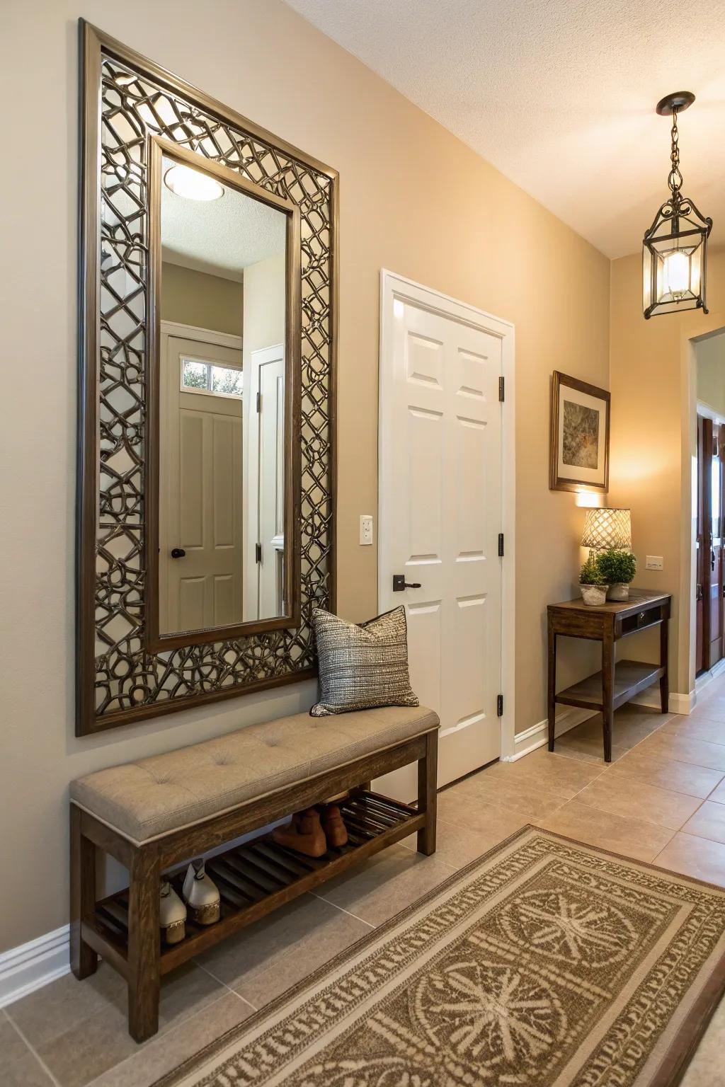 Pairing a mirror with a bench combines style and convenience.
