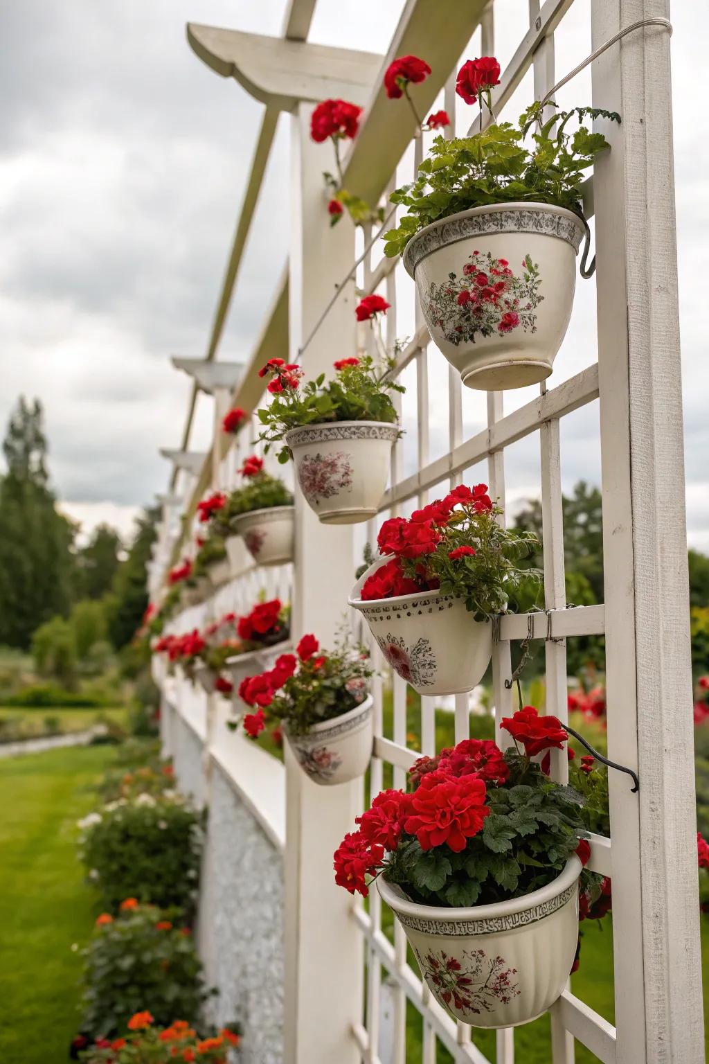 Teacups impart a whimsical detail to geraniums.