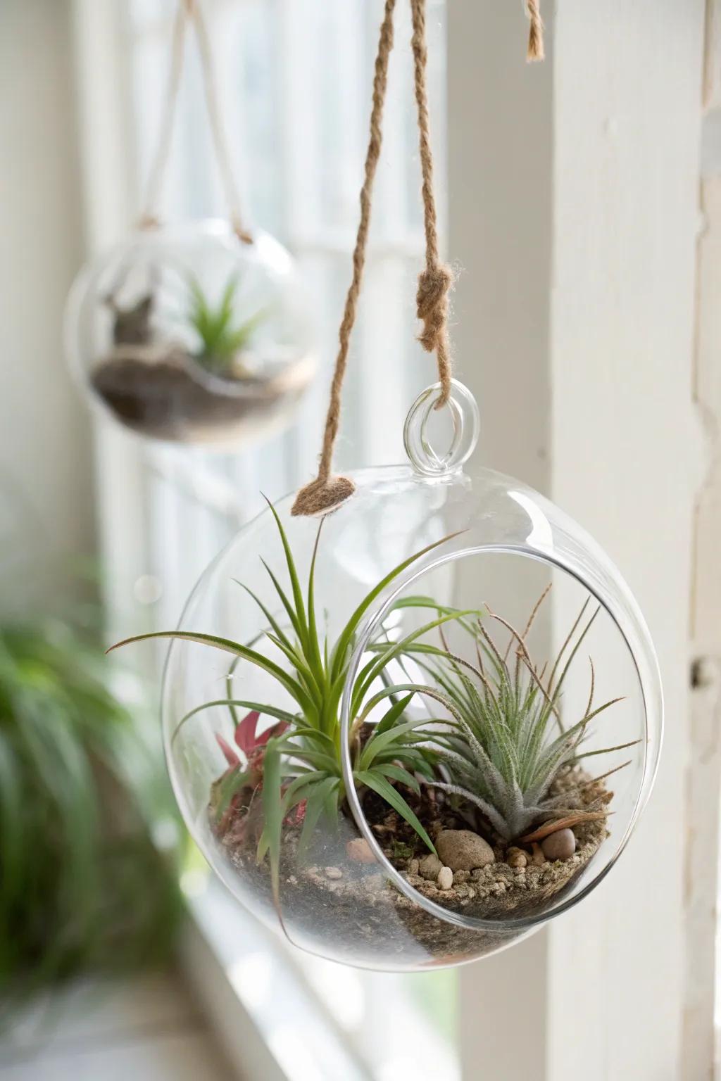 A minimalist terrarium emphasizing the understated allure of air plants.