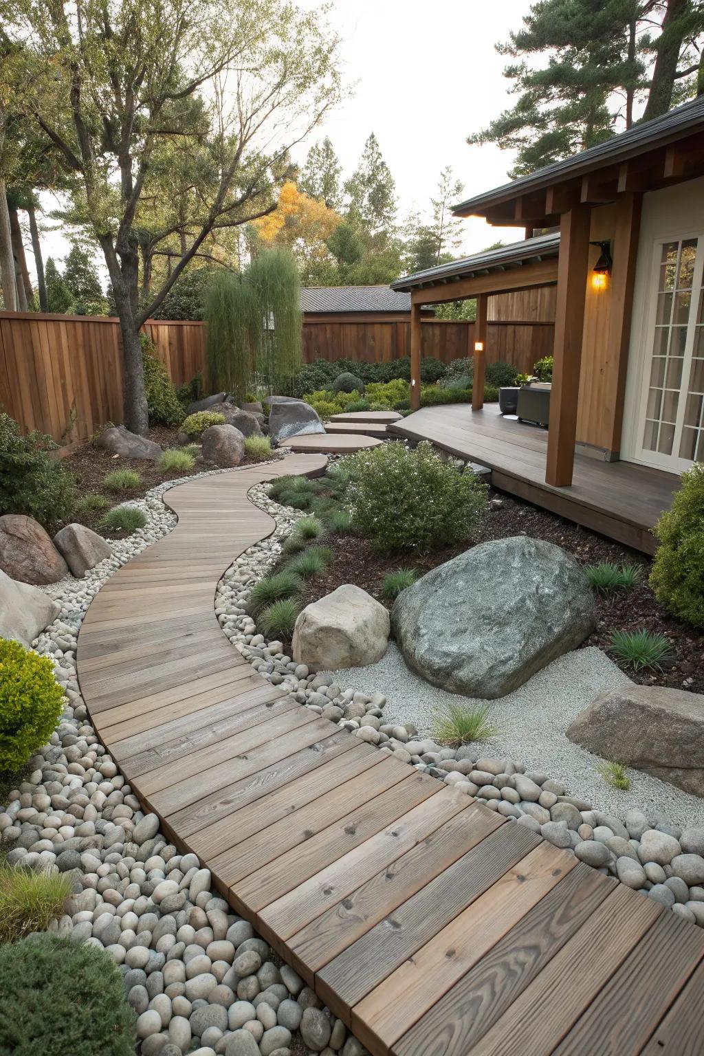 Your outdoor design gains intrigue and texture by combining materials.