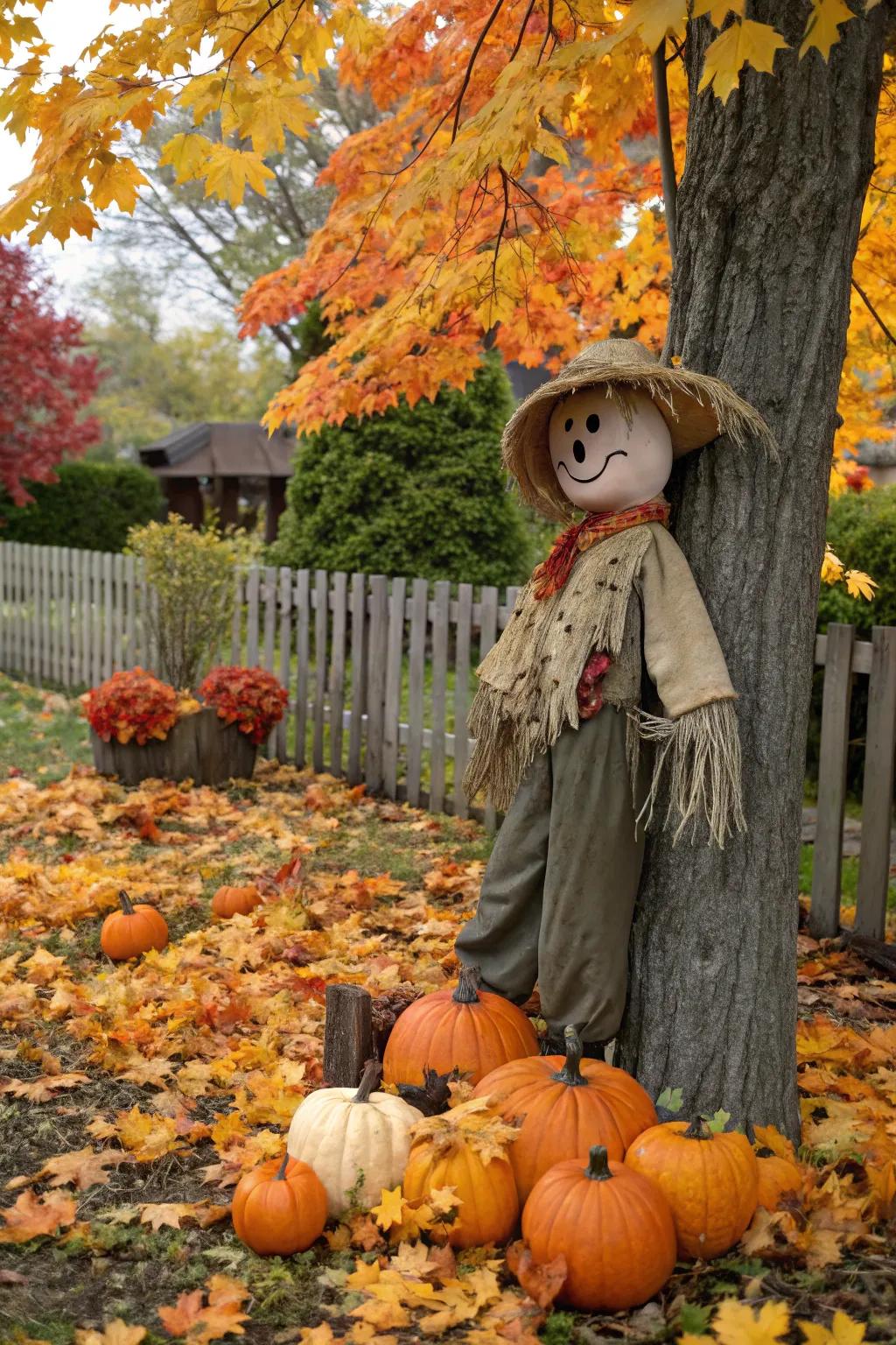 A whimsical straw figure incorporating charm to the garden.