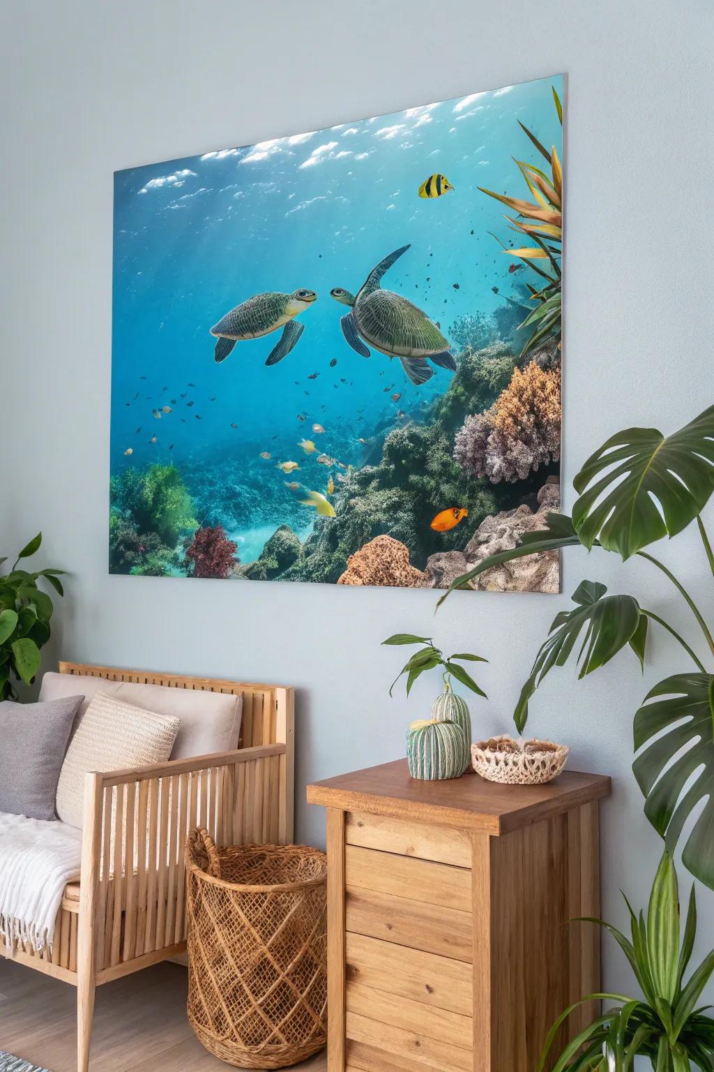 A poster of Hawaiian sea turtles in a nature-themed room.