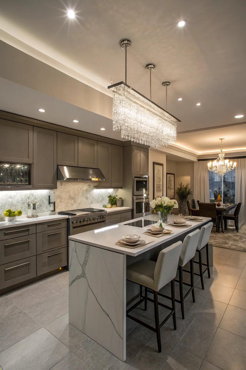Modern lighting accentuates the kitchen's features while maintaining elegance.