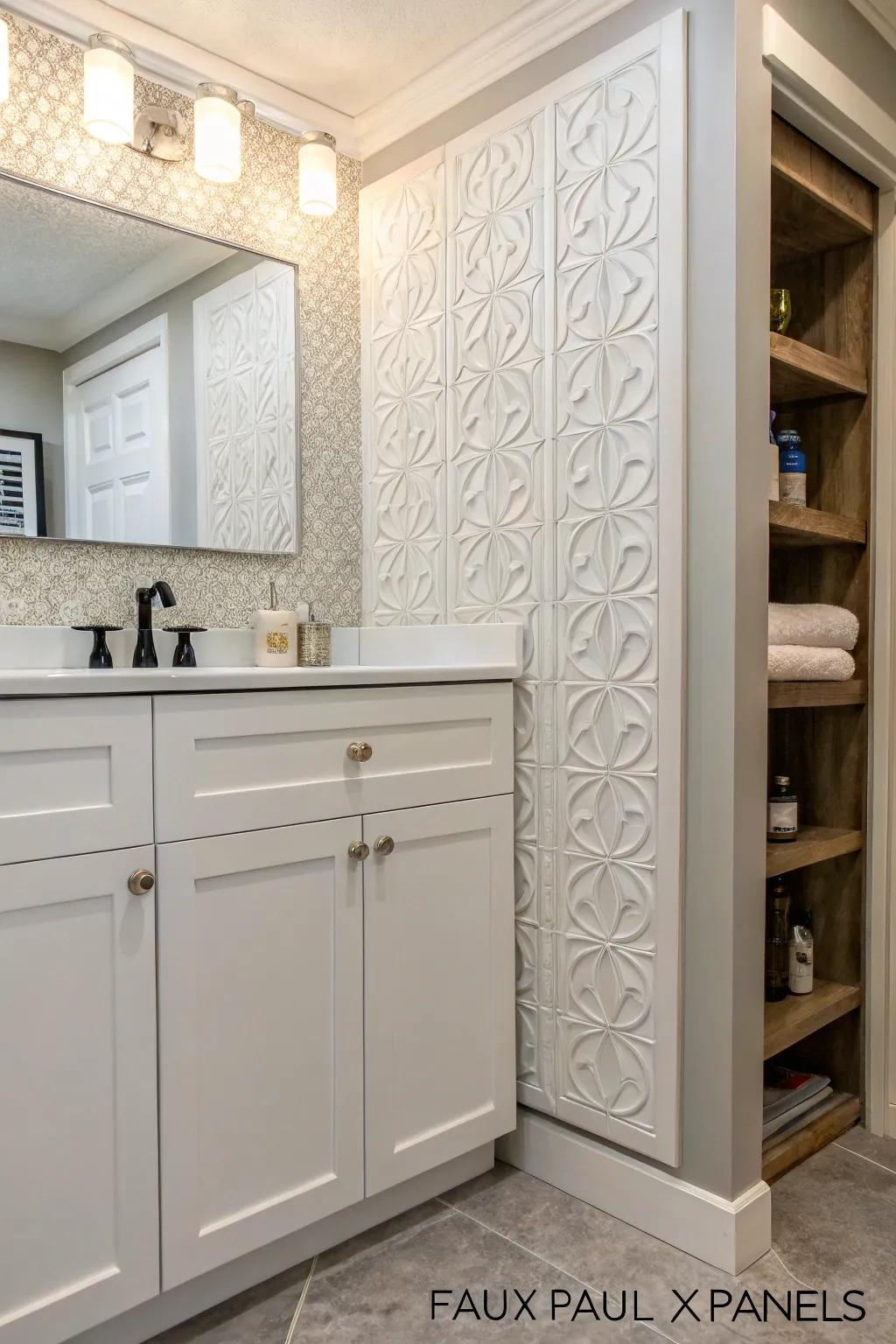 Simulated wall panels concealing a hidden medicine cabinet.