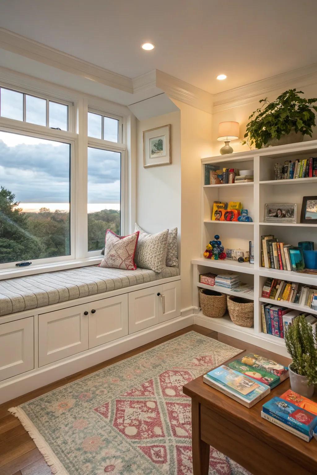 Window seats that hide toys while adding charm.