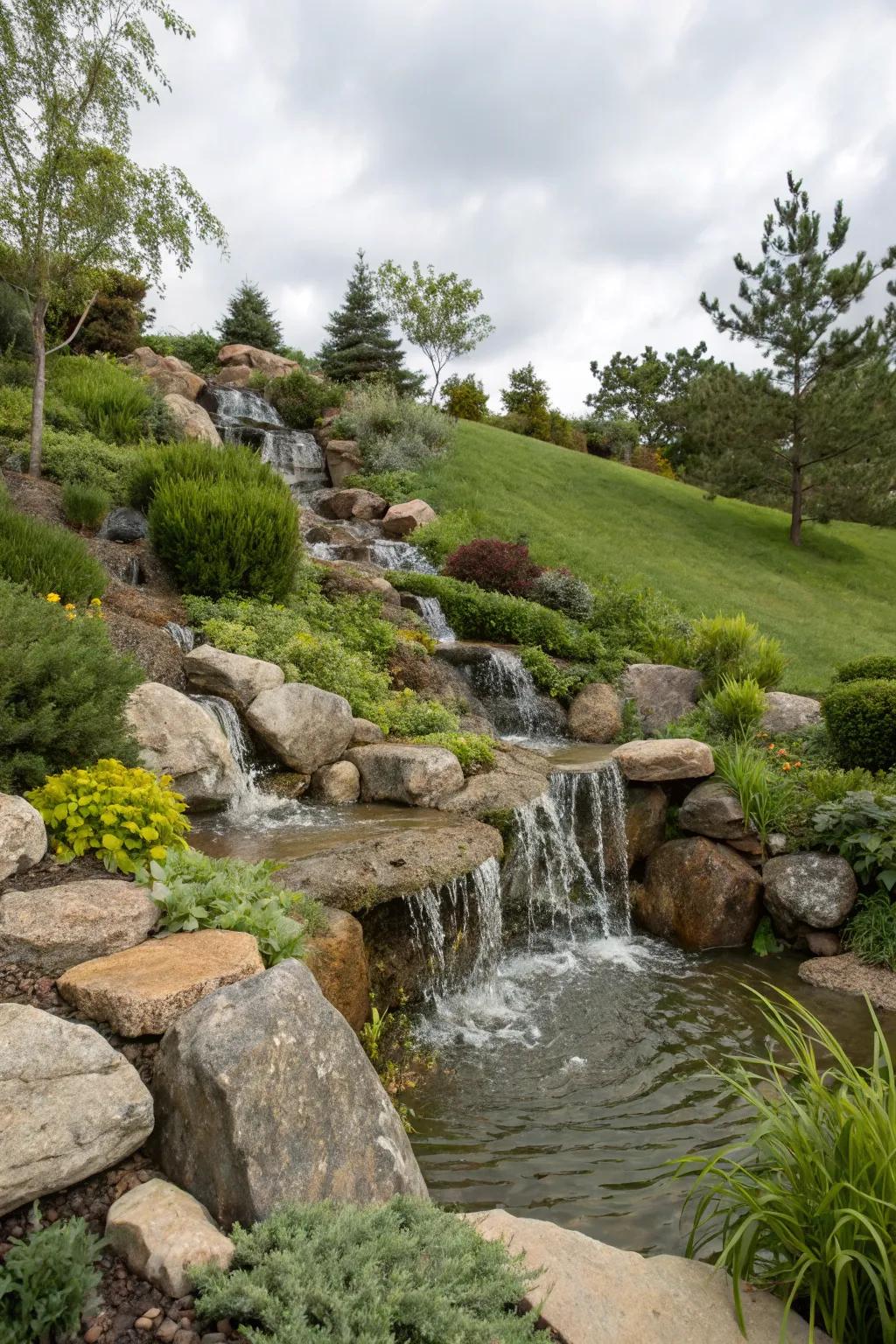 Water elements like cascades add peace to hillside gardens.