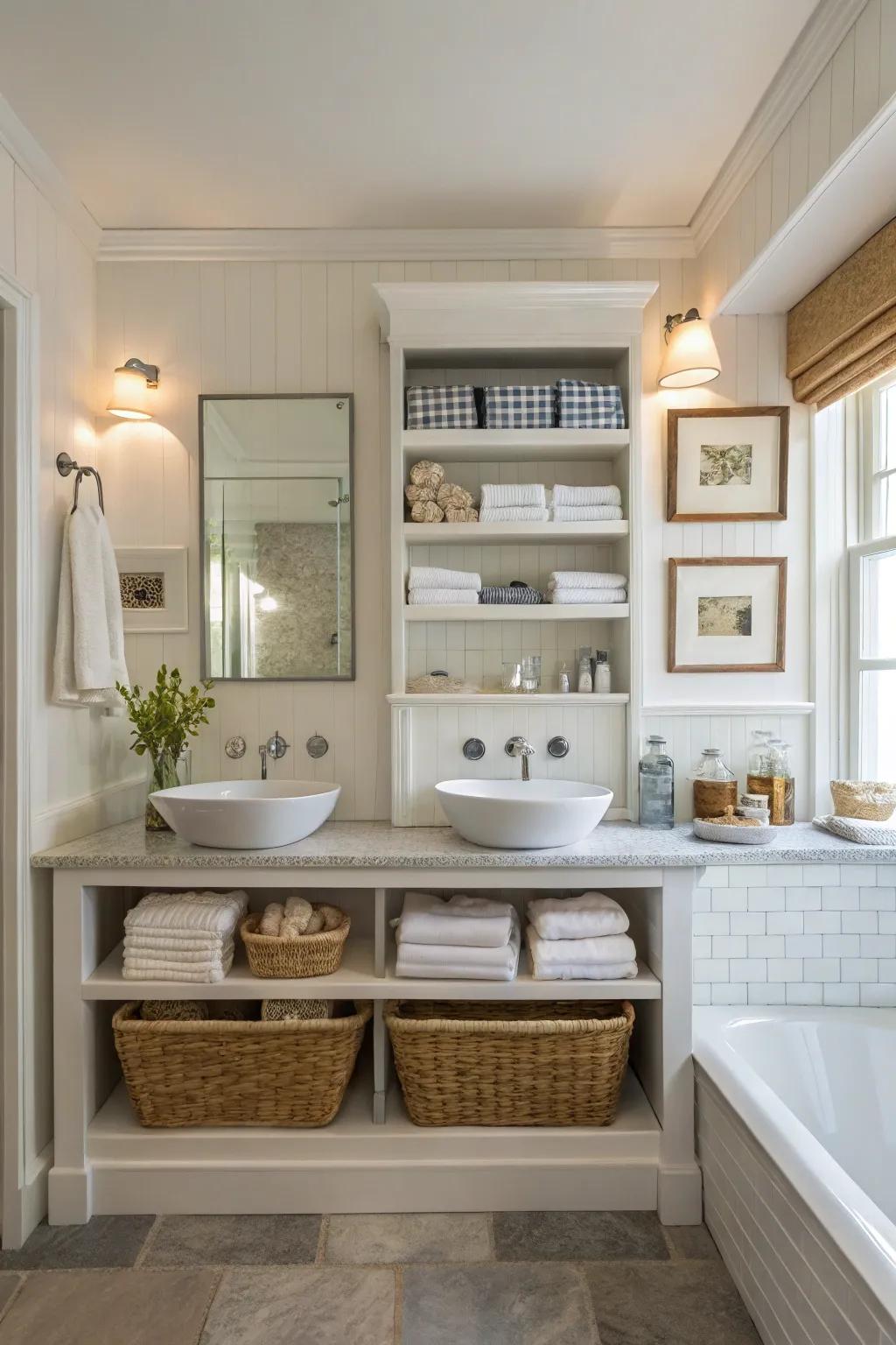 A bathroom with functional accessible shelving and stylish double sinks.
