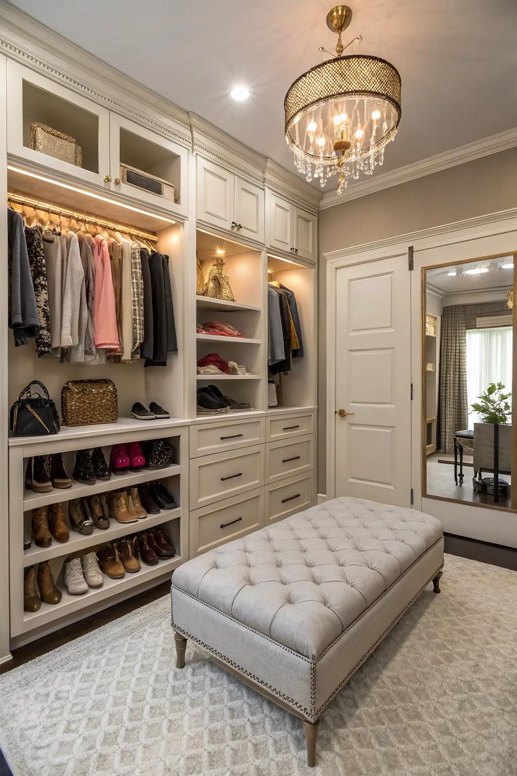 A seating area enhances the comfort and style of your closet experience.