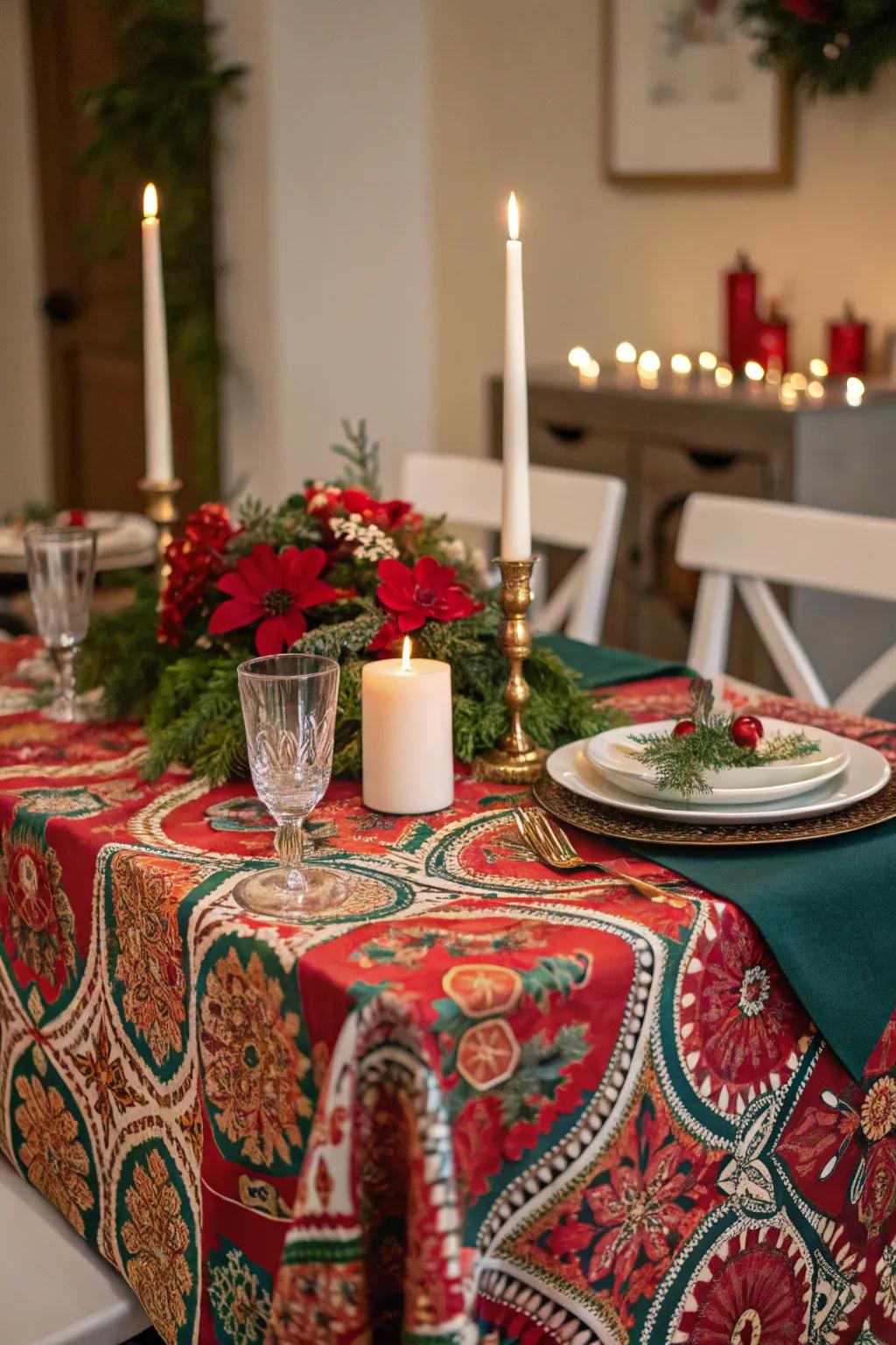 A festive tablecloth establishes the base for your holiday decorations.