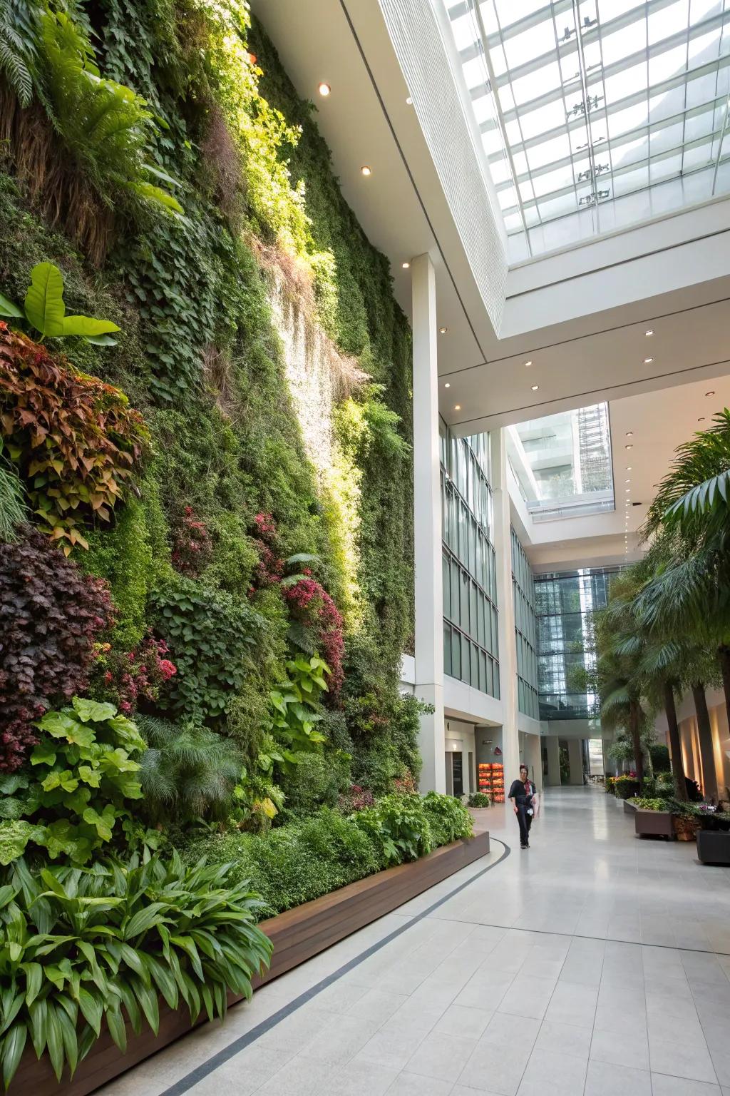 A vibrant vertical garden wall bringing nature into a home atrium.