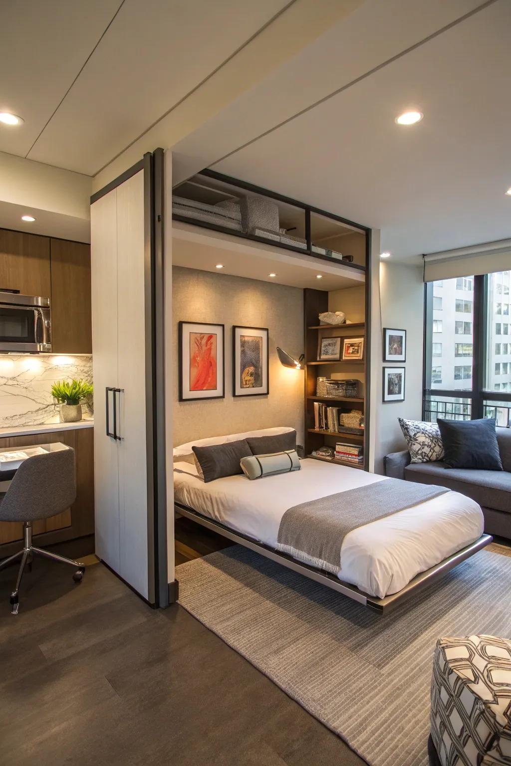 An elegant studio apartment featuring a wall bed creating an inviting sleeping nook.