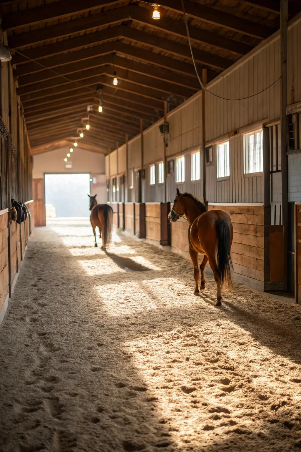 Sand flooring delivers a natural and budget-friendly remedy for barn passageways.