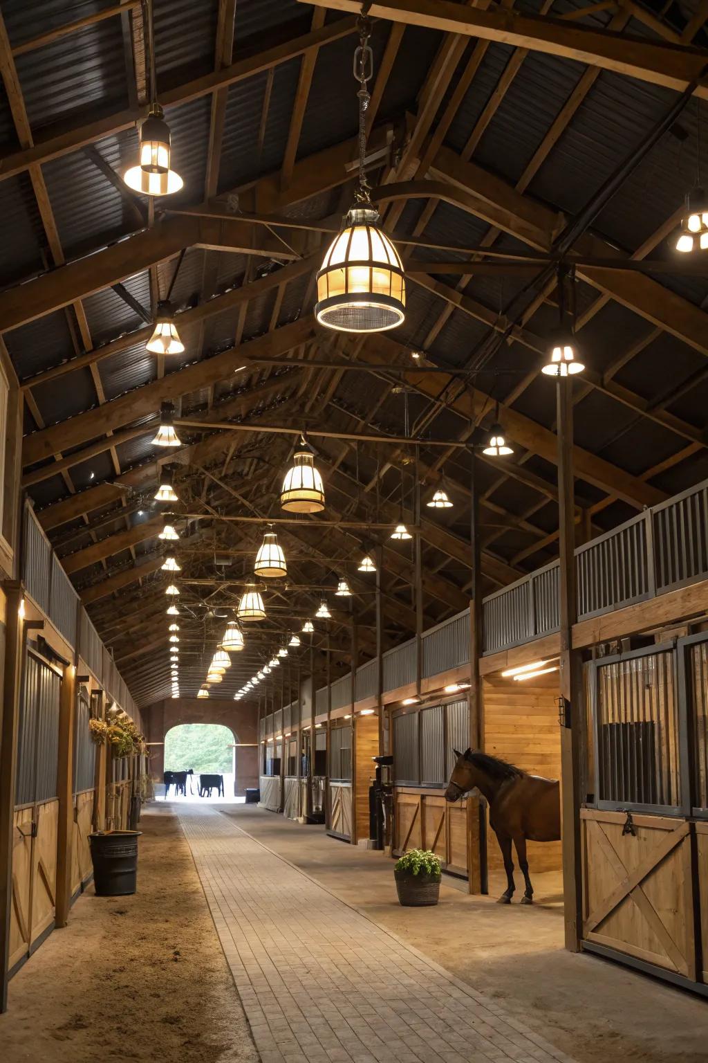 High ceilings with suspended lighting enhance light distribution in the barn.