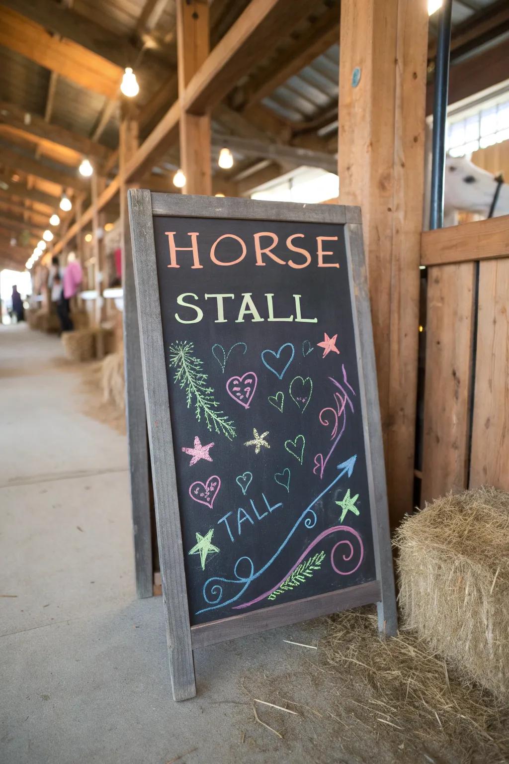 An adaptable chalkboard marker for a horse stable.