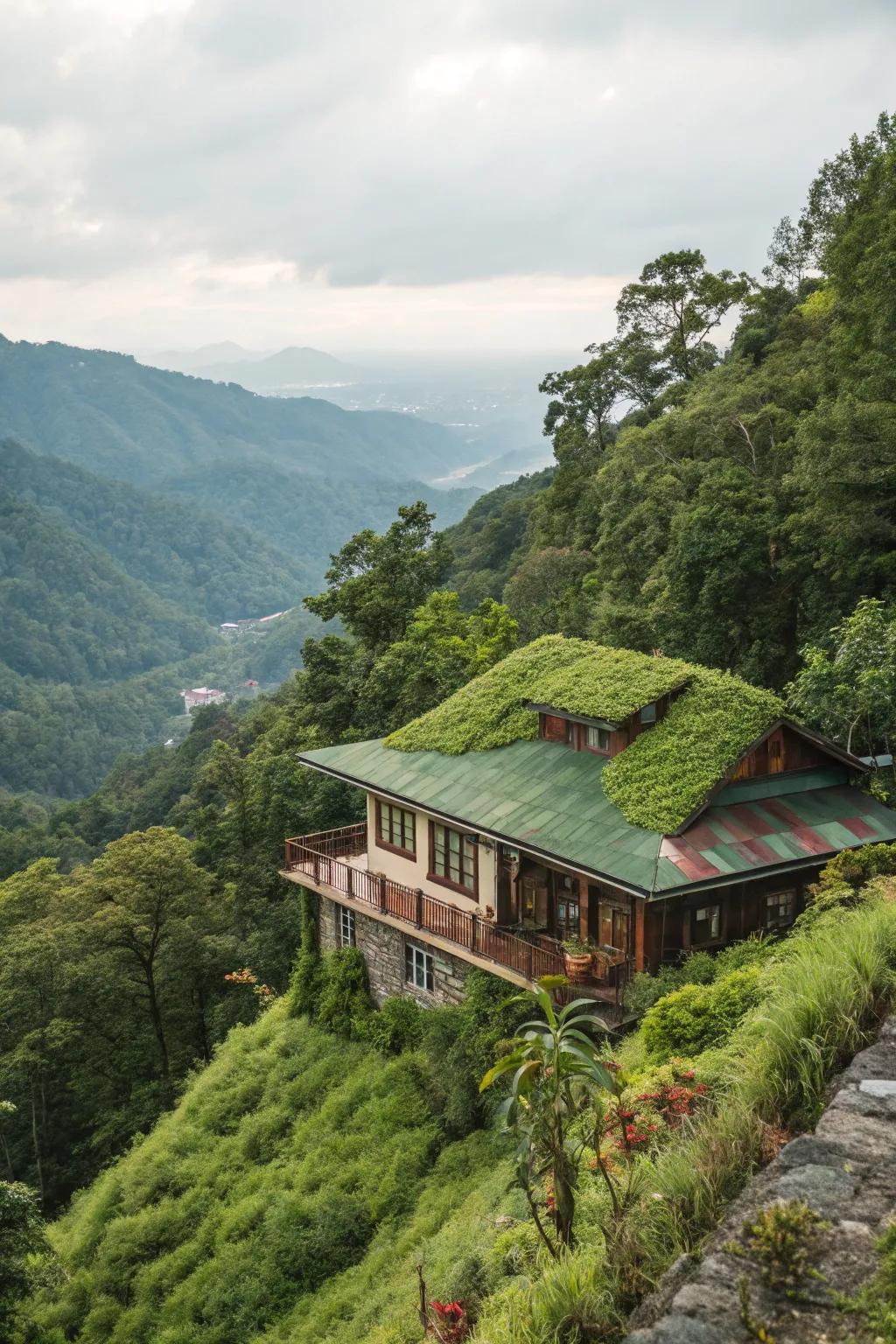 A living roof that integrates with the surrounding landscape.