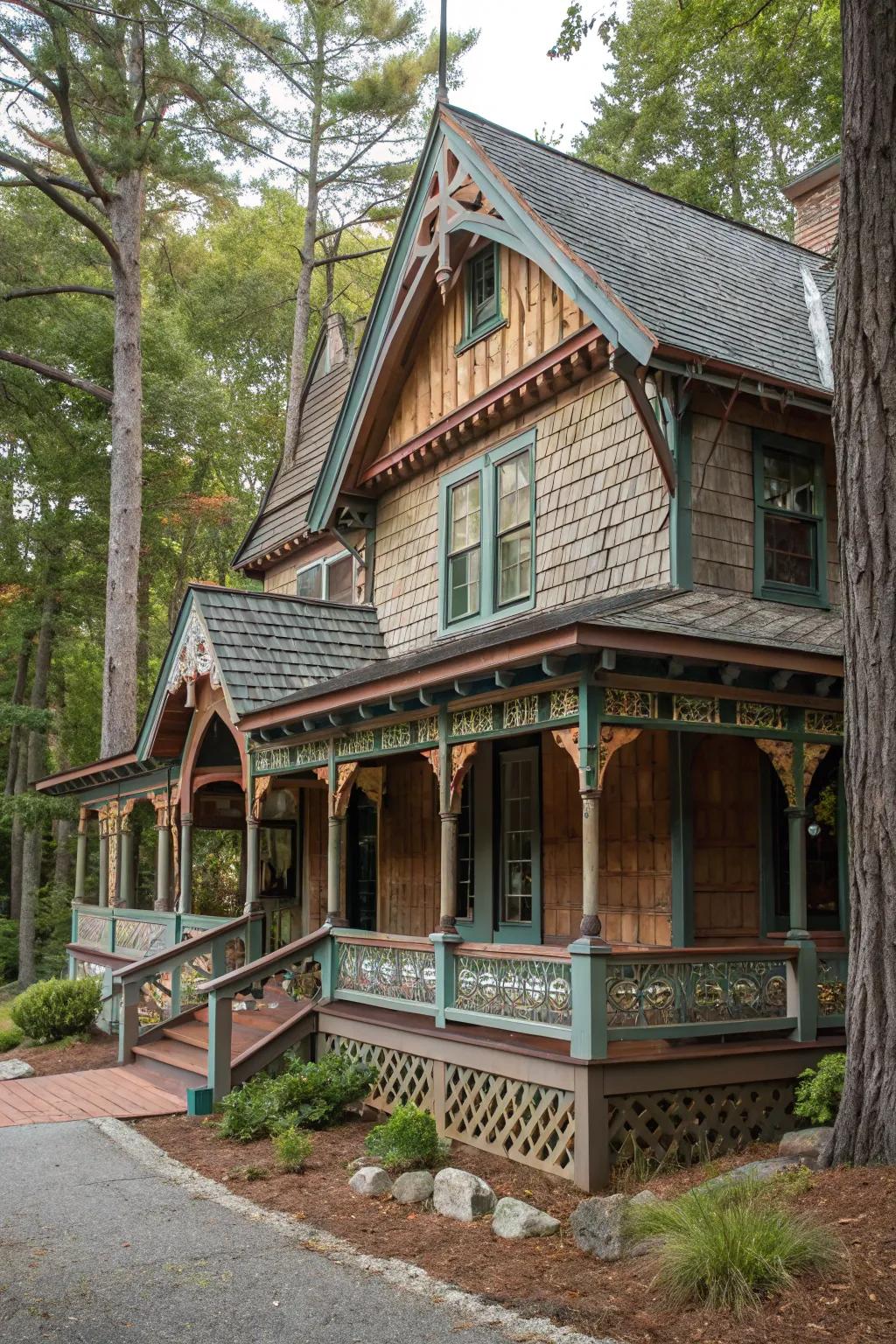 Decorative trim highlights the structural beauty of this rustic home.