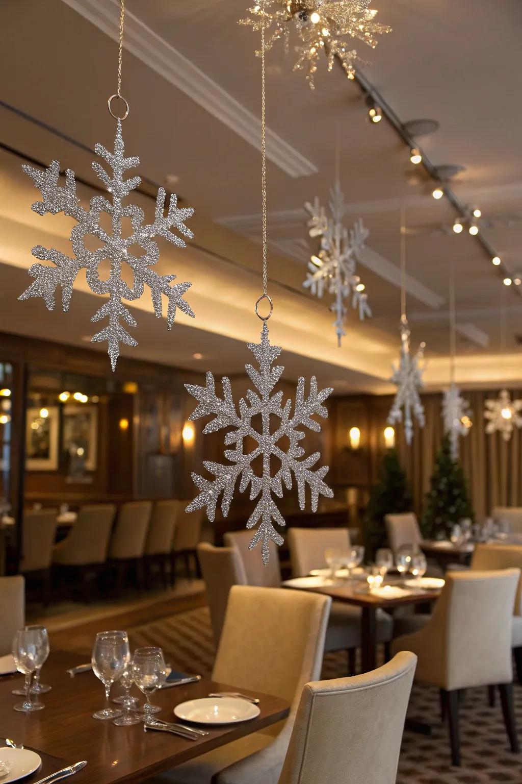 Metallic snowflakes add a glamorous touch to any celebration.