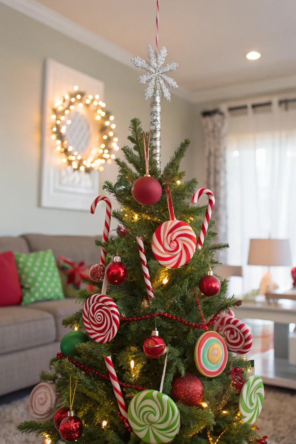 A spirited confectionery realm-themed Christmas tree embellished with sugary decorations.